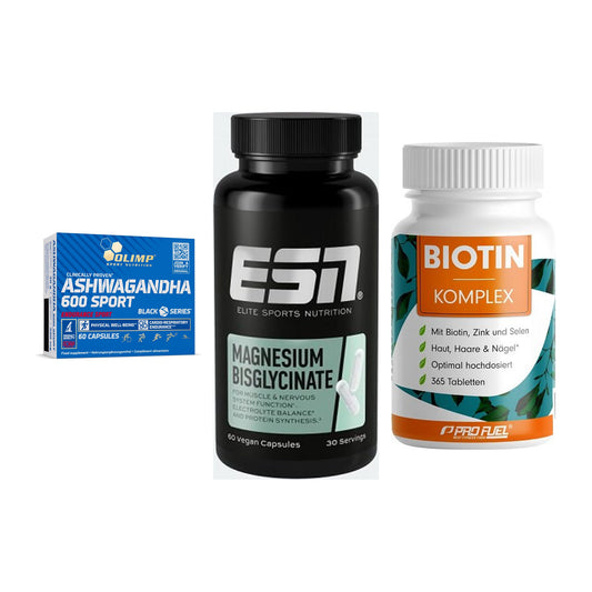 Stress & Balance: Olimp Ashwagand + ESN Magnesium + ProFuel BIOTIN – alle enthaltenen Artikel