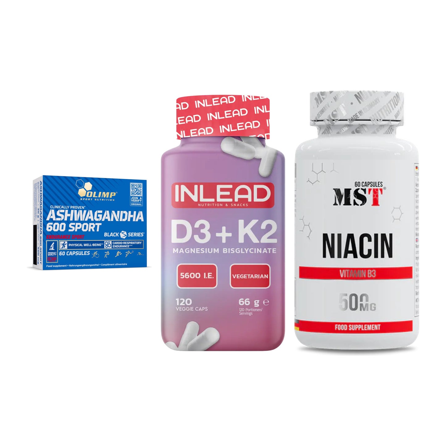 Stress & Balance: Olimp Ashwagand + INLEAD Vitamin + MST Niacin – alle enthaltenen Artikel