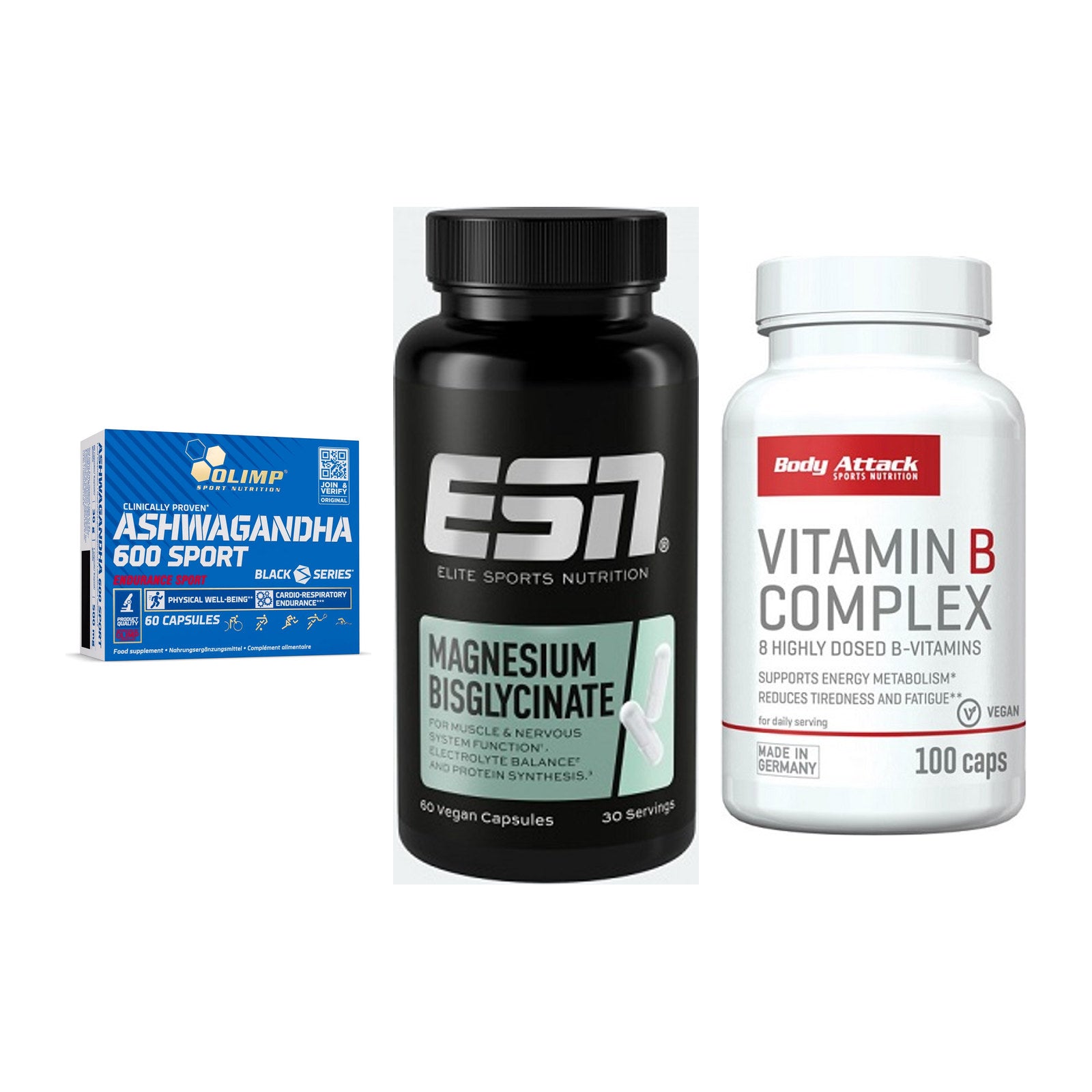 Stress & Balance: Olimp Ashwagand + ESN Magnesium + Body Attack – alle enthaltenen Artikel