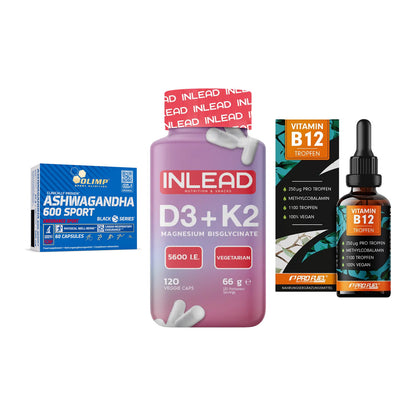 Stress & Balance: Olimp Ashwagand + INLEAD Vitamin + ProFuel Vitamin – alle enthaltenen Artikel