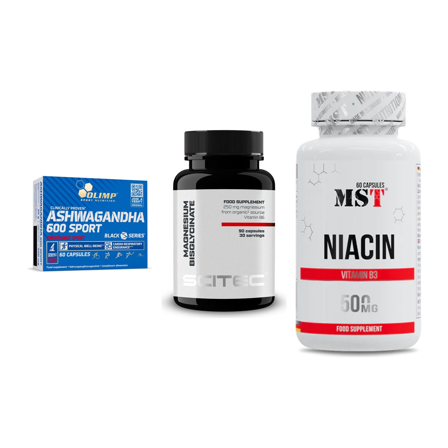 Stress & Balance: Olimp Ashwagand + Scitec Magnesiu + MST Niacin – alle enthaltenen Artikel