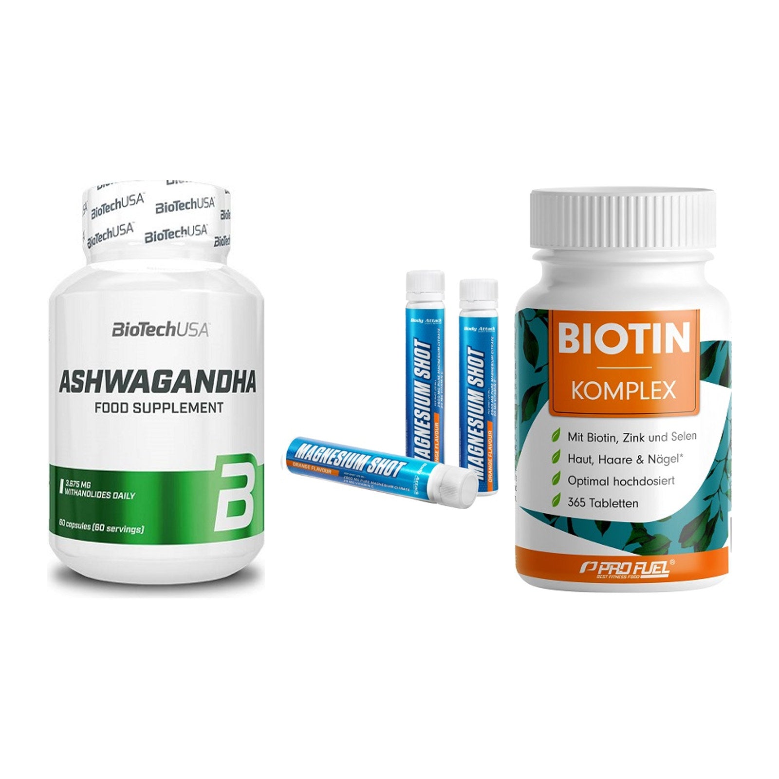 Stress & Balance: BioTech Ashwaga + Body Attack + ProFuel BIOTIN – alle enthaltenen Artikel