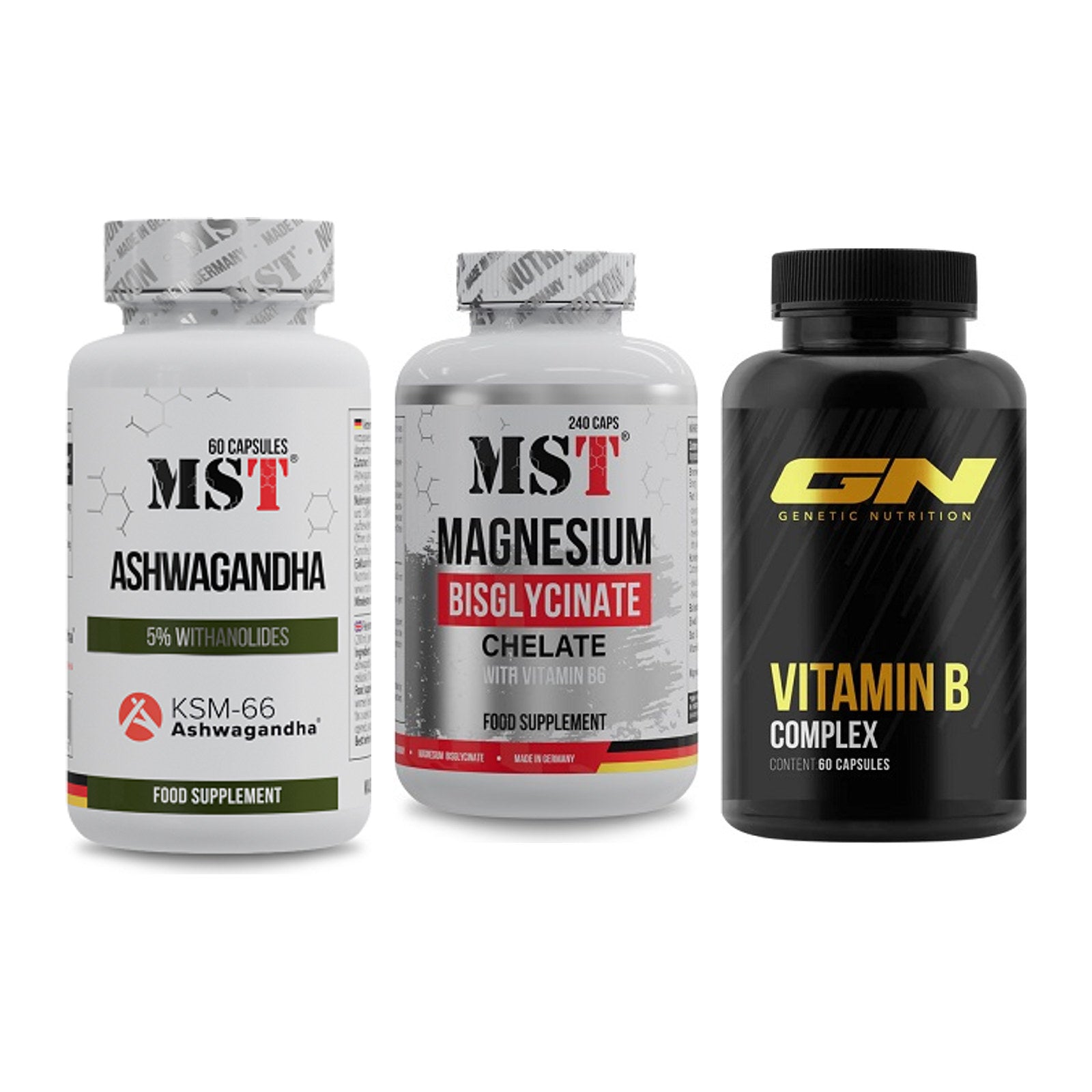 Stress & Balance: MST Ashwagandha + MST Magnesium + GN Vitamin – alle enthaltenen Artikel