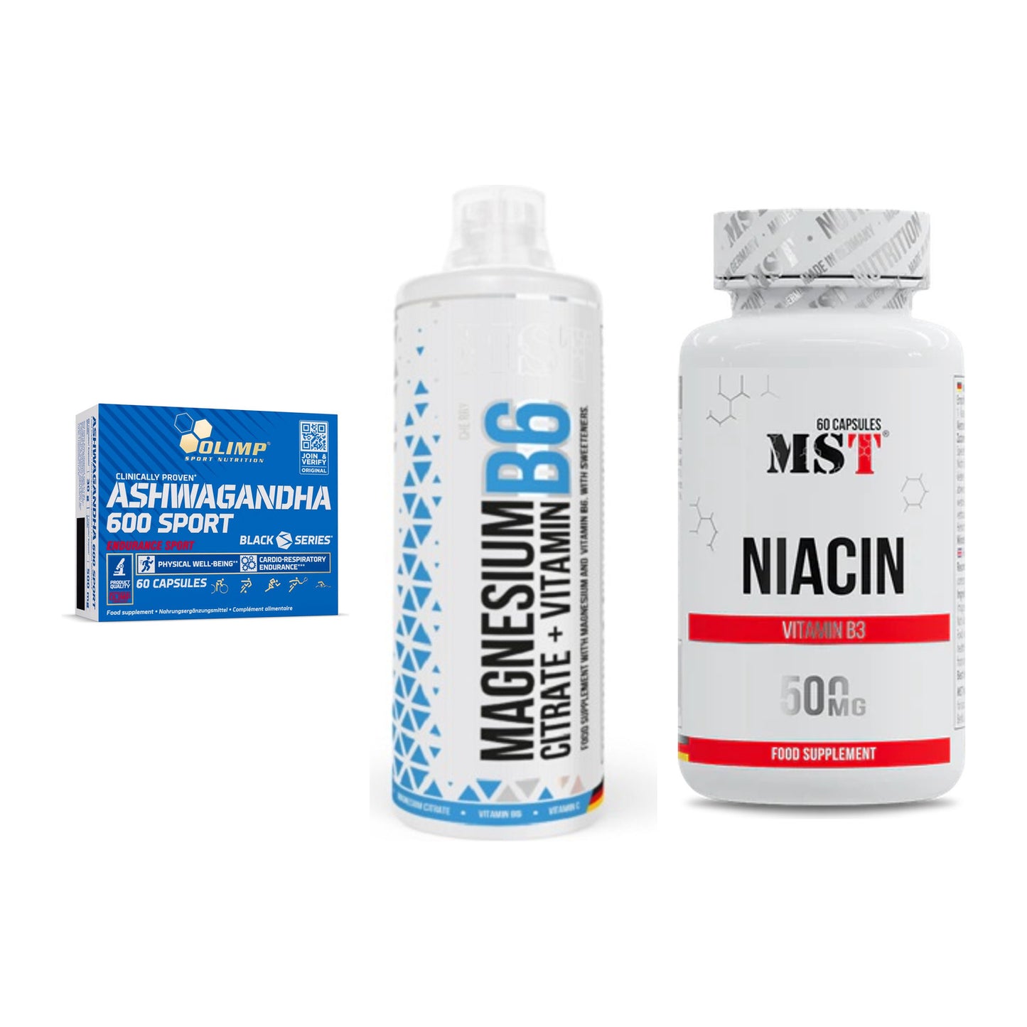 Stress & Balance: Olimp Ashwagand + MST Magnesium + MST Niacin – alle enthaltenen Artikel