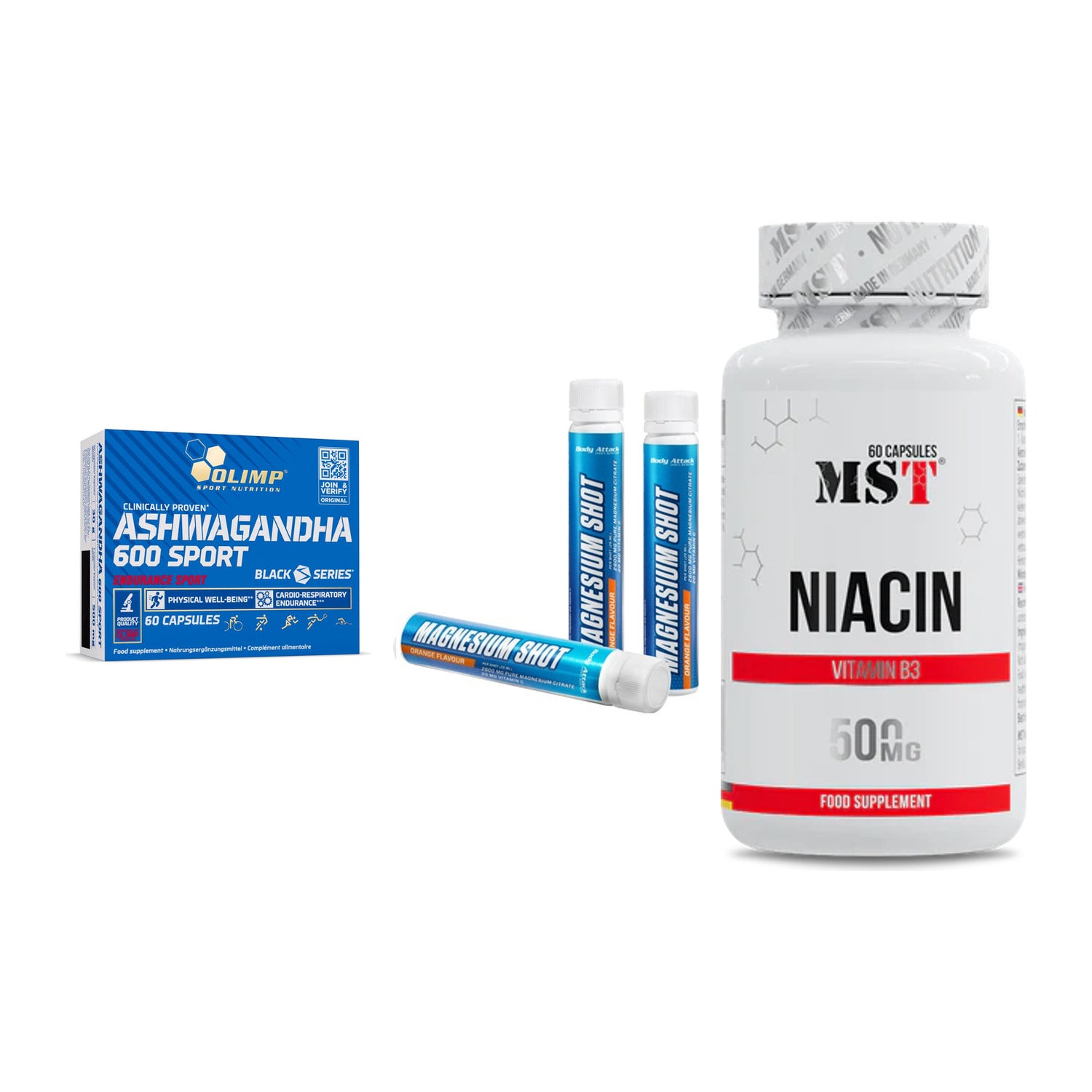 Stress & Balance: Olimp Ashwagand + Body Attack + MST Niacin – alle enthaltenen Artikel