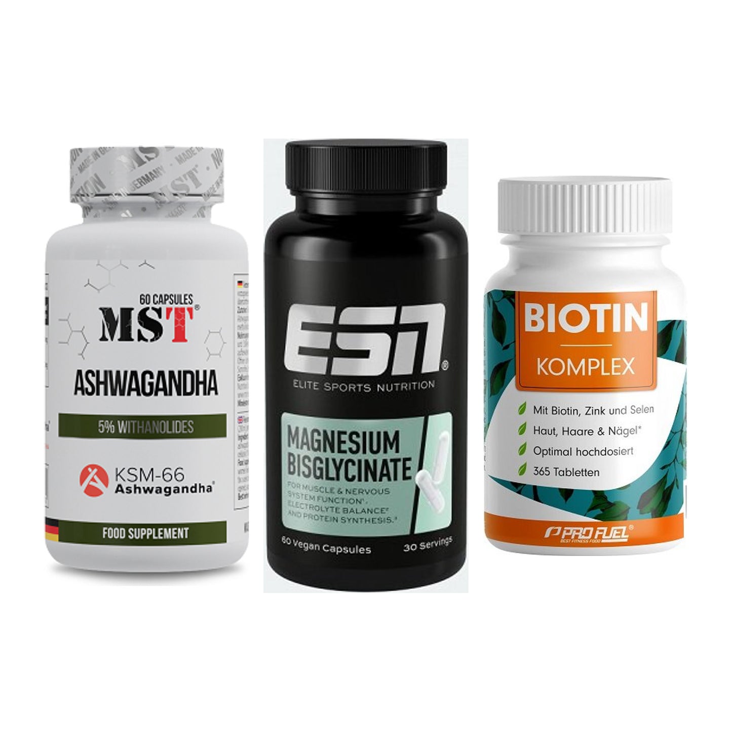 Stress & Balance: MST Ashwagandha + ESN Magnesium + ProFuel BIOTIN – alle enthaltenen Artikel