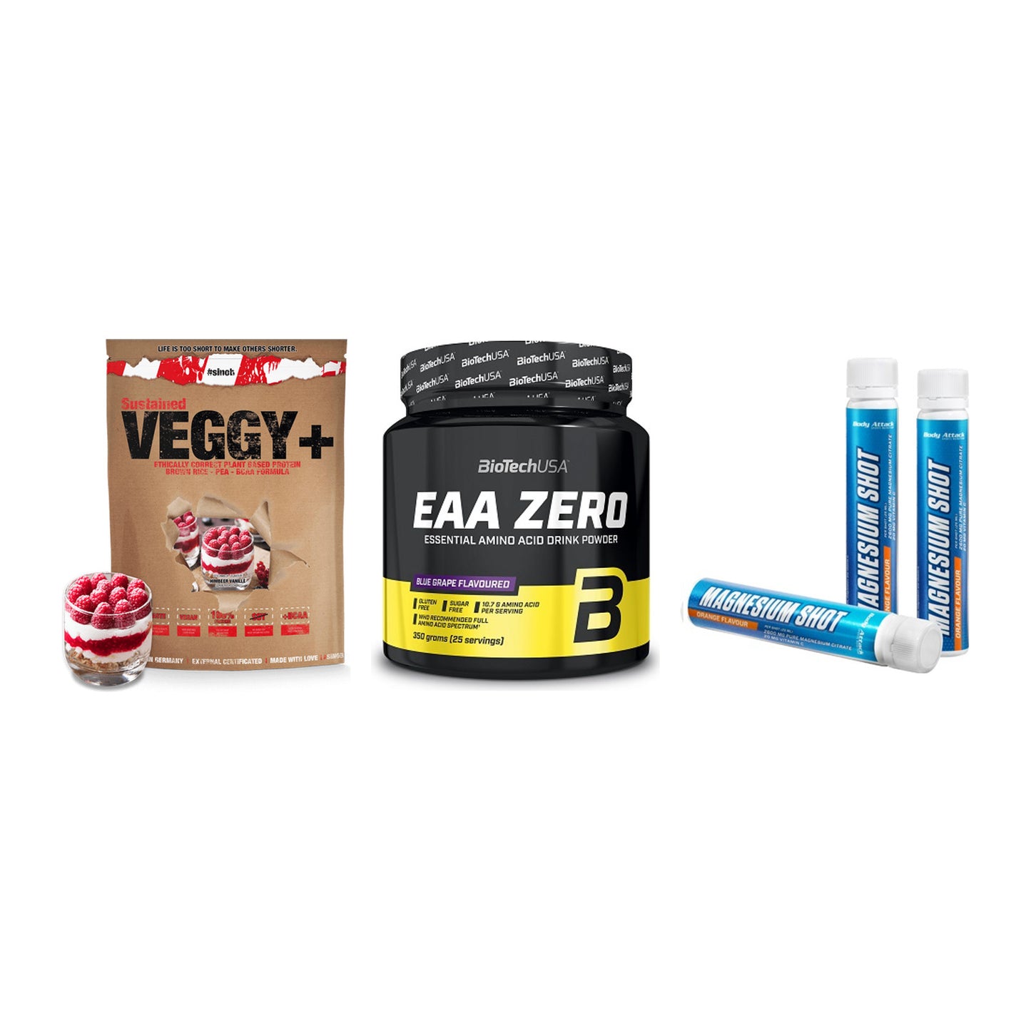 Pflanzliches Set: Sinob VEGGY + BioTech EAA + Body Attack – alle enthaltenen Artikel
