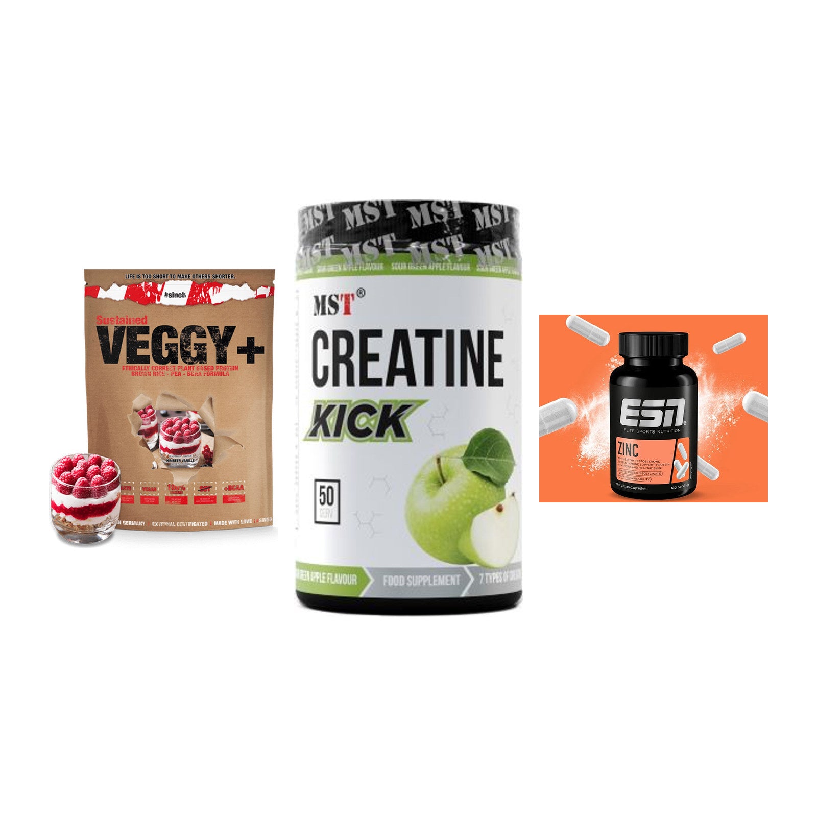 Pflanzliches Set: Sinob VEGGY + MST Creatine + ESN Zinc – alle enthaltenen Artikel