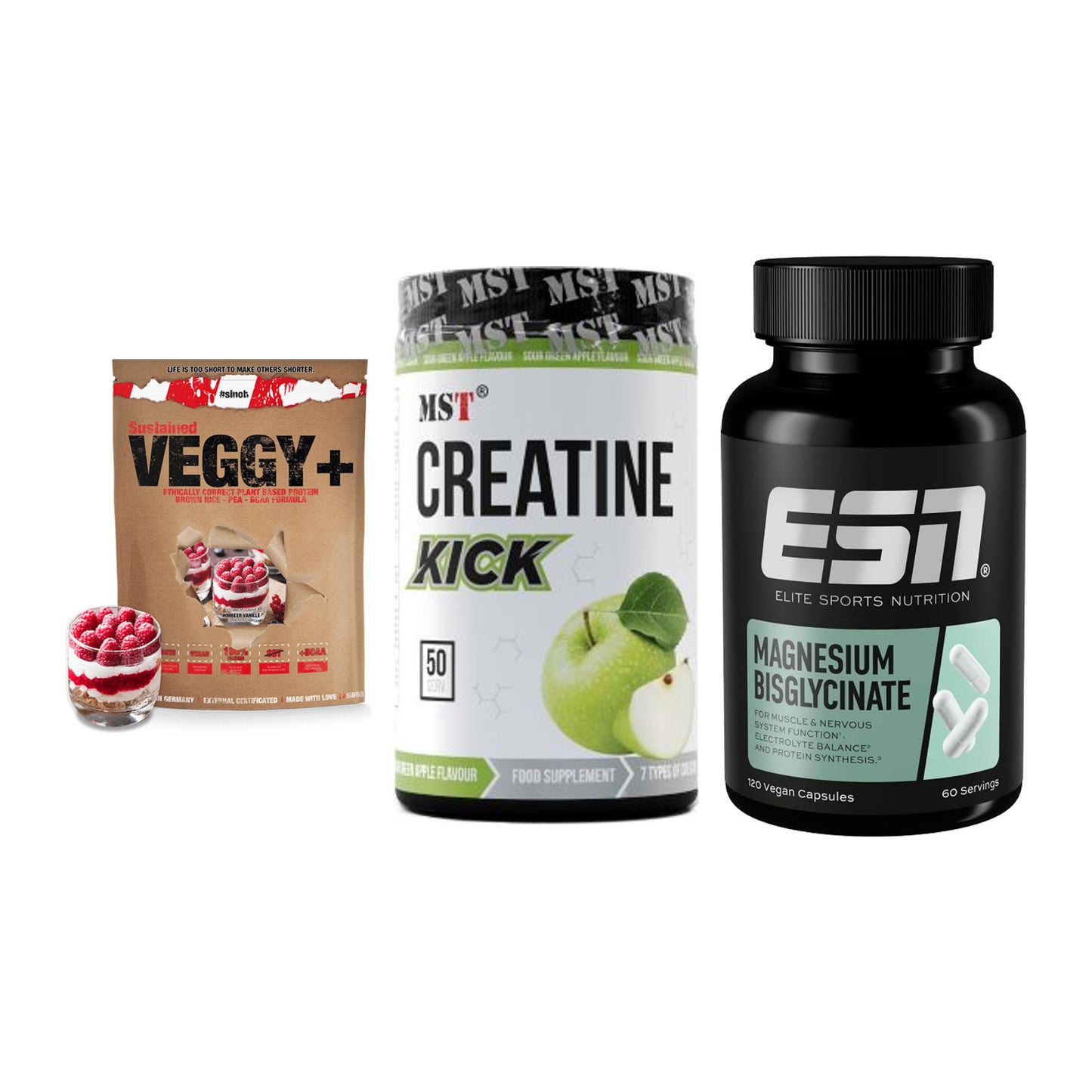 Pflanzliches Set: Sinob VEGGY + MST Creatine + ESN Magnesium – alle enthaltenen Artikel