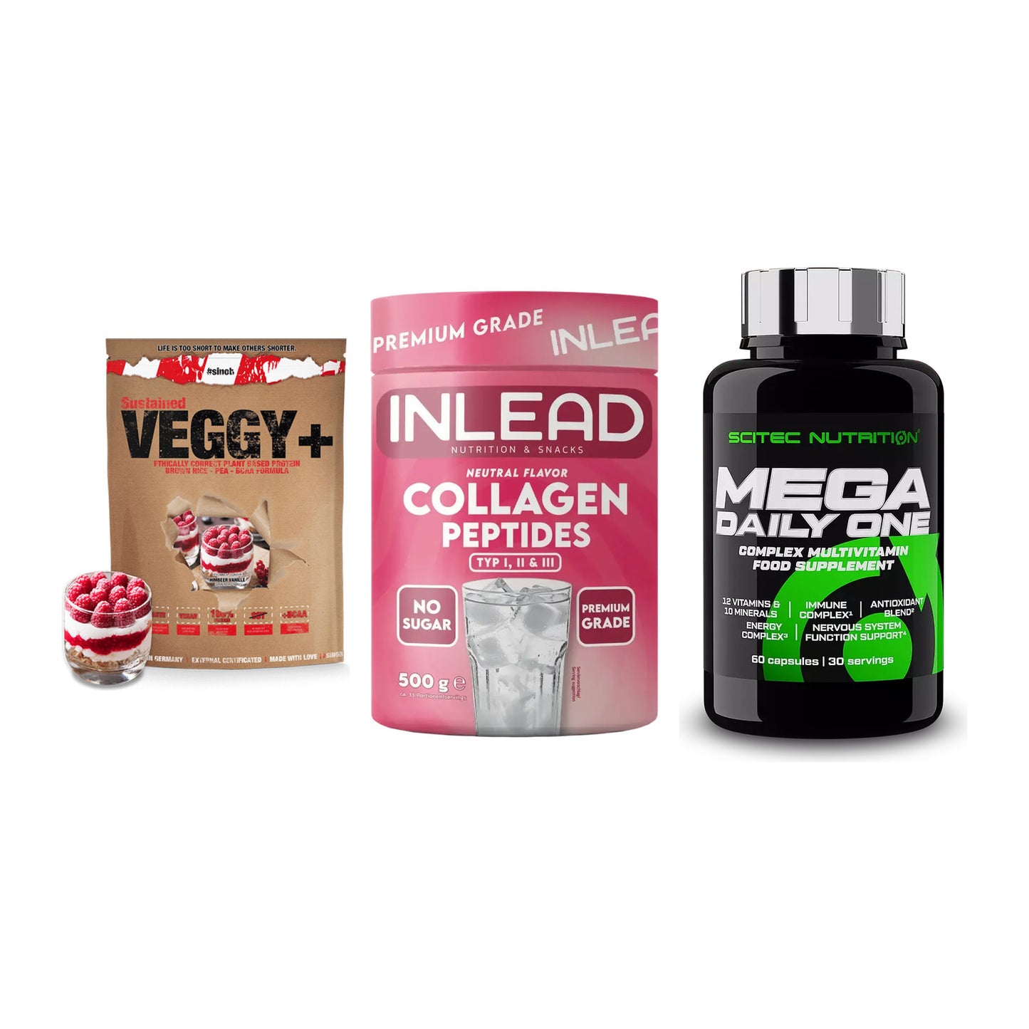 Pflanzliches Set: Sinob VEGGY + INLEAD Collagen + Scitec Mega – alle enthaltenen Artikel