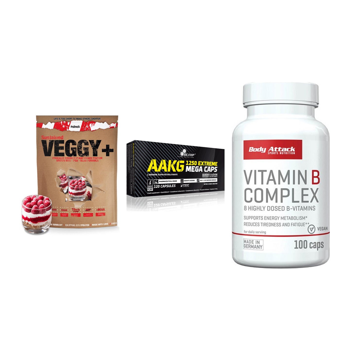 Pflanzliches Set: Sinob VEGGY + Olimp AAKG + Body Attack – alle enthaltenen Artikel
