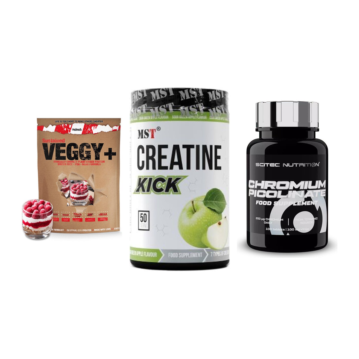 Pflanzliches Set: Sinob VEGGY + MST Creatine + Scitec Chromium – alle enthaltenen Artikel