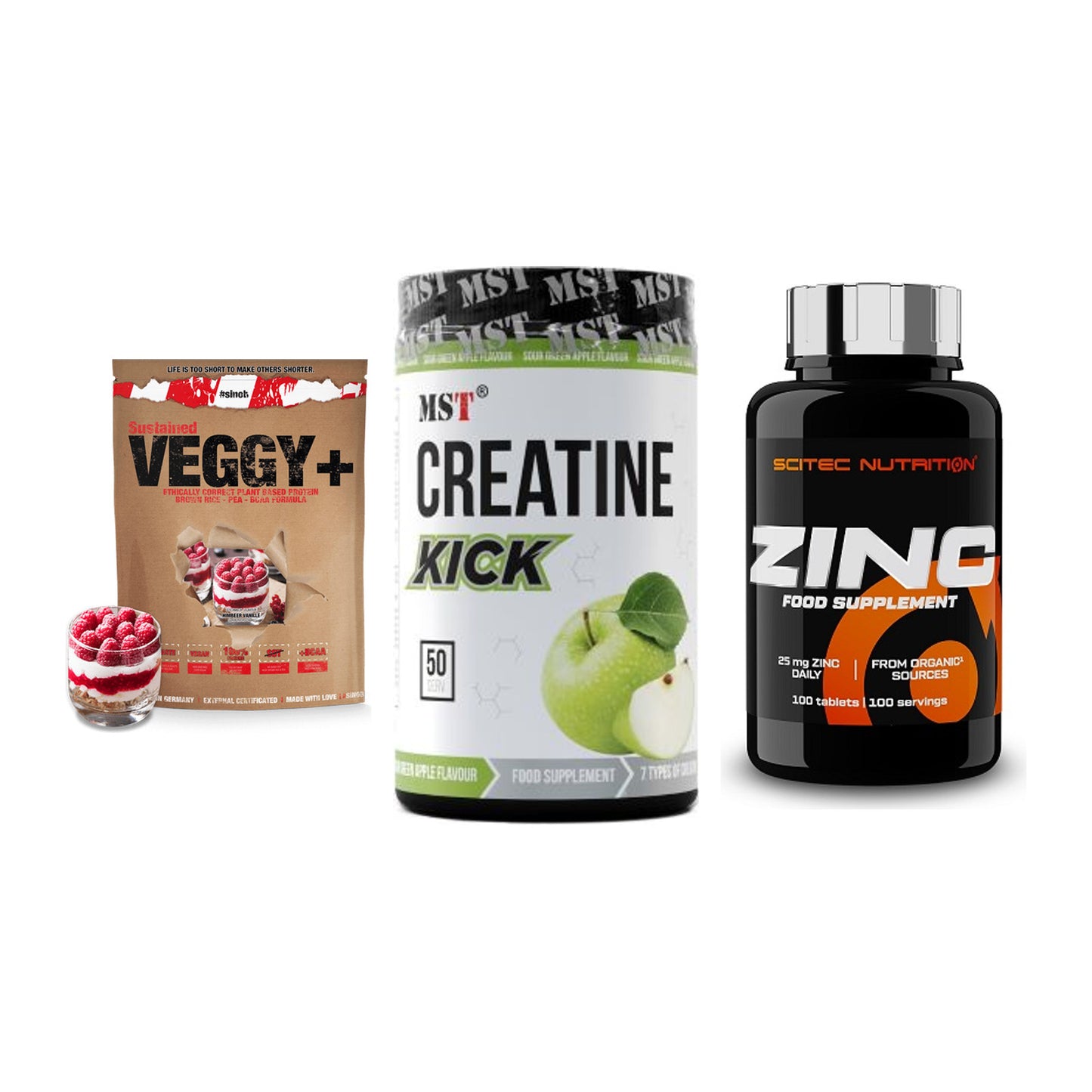 Pflanzliches Set: Sinob VEGGY + MST Creatine + Scitec Zinc – alle enthaltenen Artikel