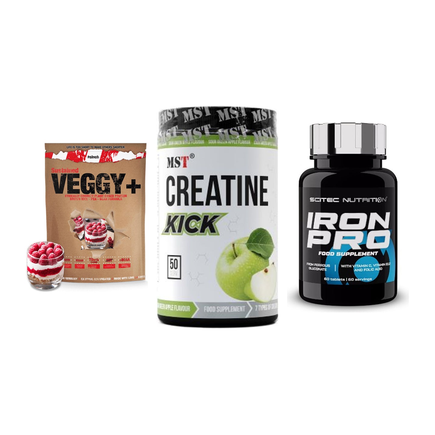Pflanzliches Set: Sinob VEGGY + MST Creatine + Scitec Iron Pro – alle enthaltenen Artikel