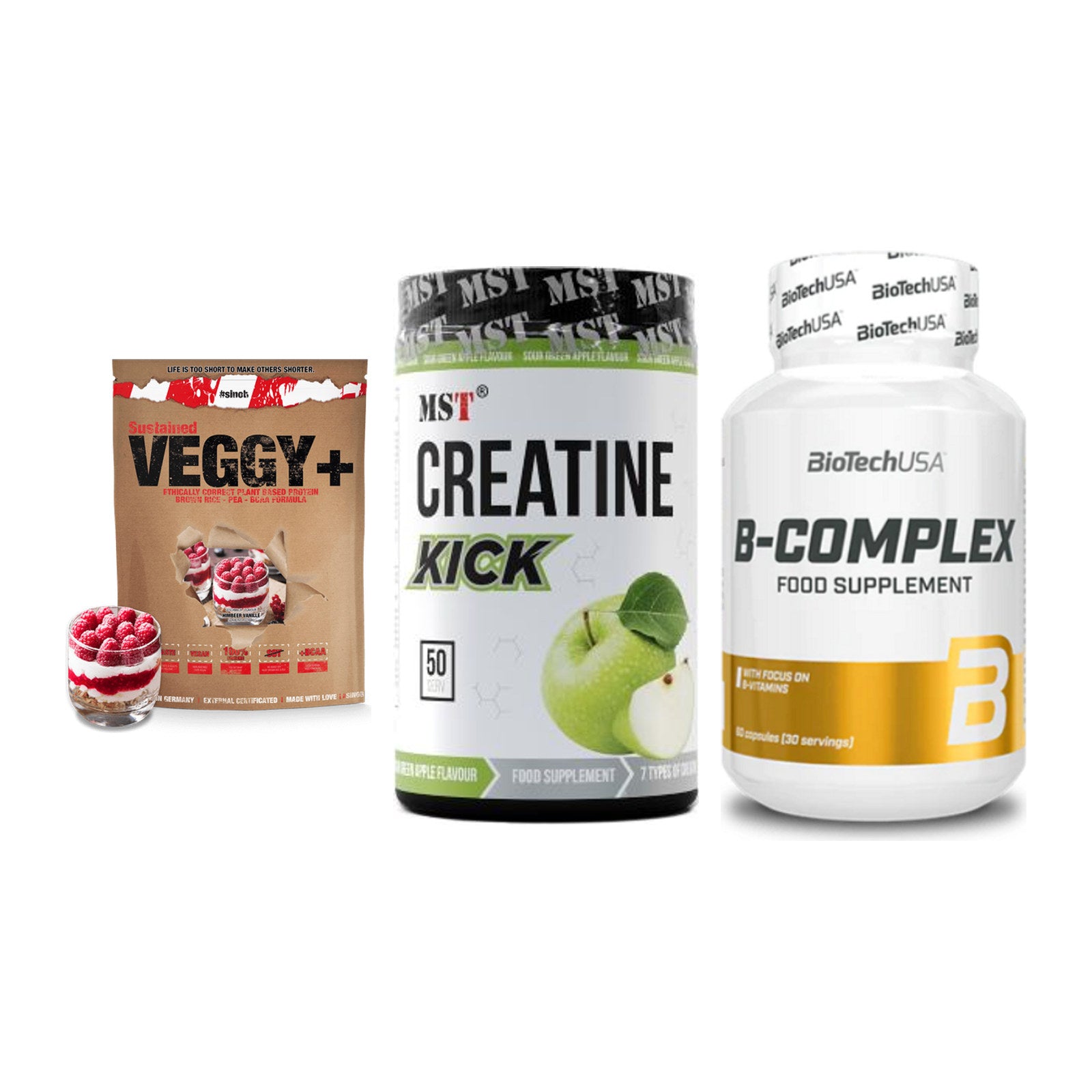 Pflanzliches Set: Sinob VEGGY + MST Creatine + BioTech B – alle enthaltenen Artikel