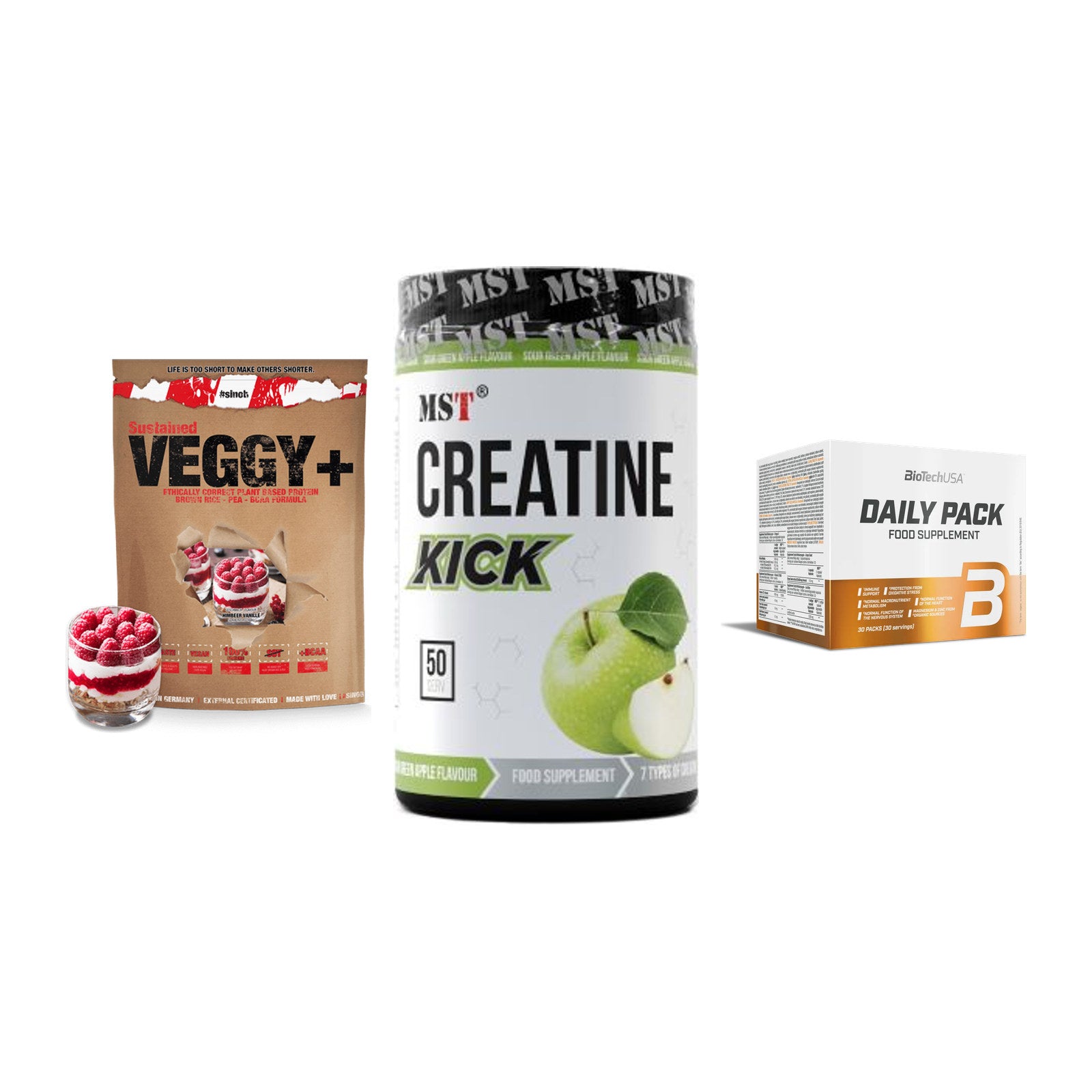 Pflanzliches Set: Sinob VEGGY + MST Creatine + BioTech Daily – alle enthaltenen Artikel