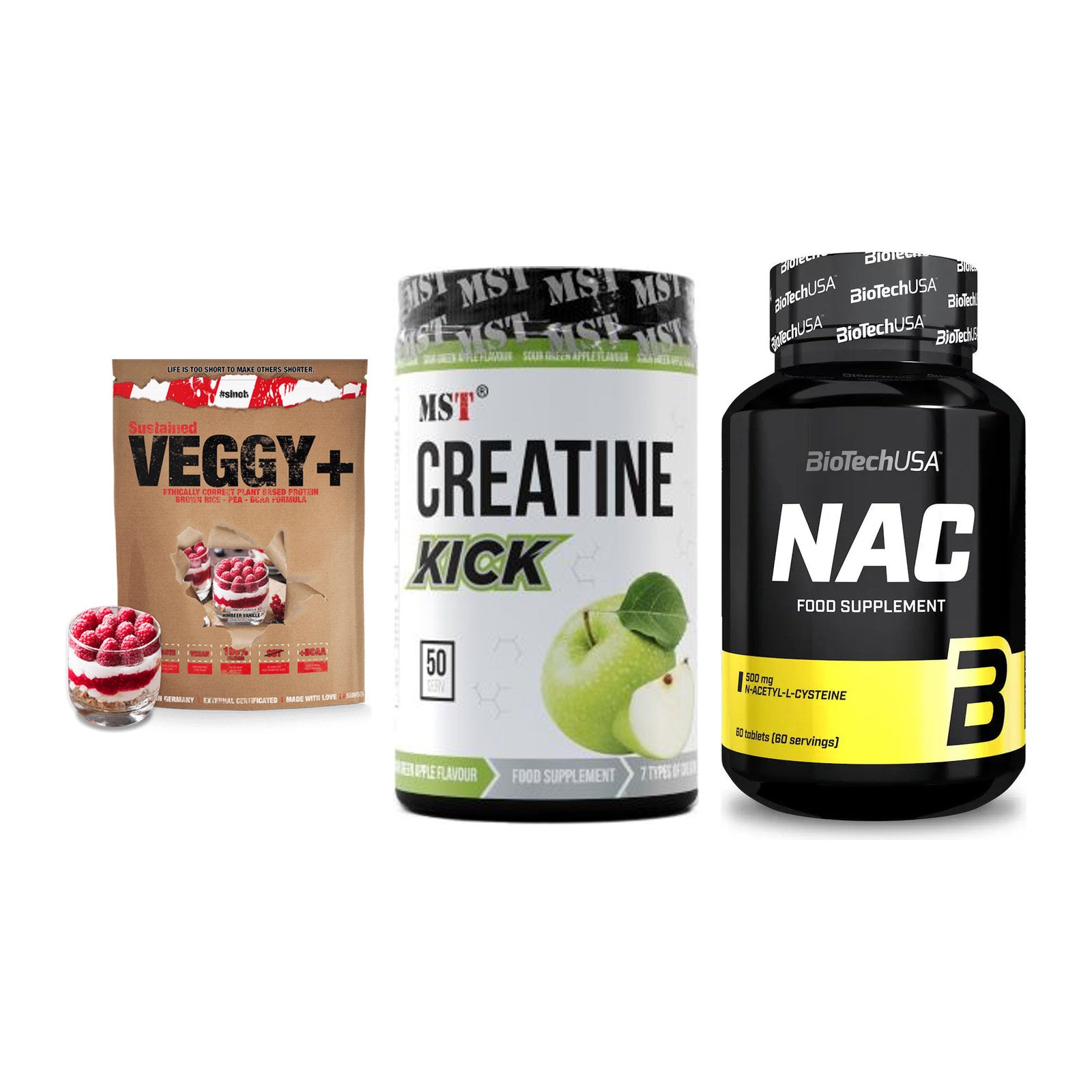 Pflanzliches Set: Sinob VEGGY + MST Creatine + BioTech NAC – alle enthaltenen Artikel