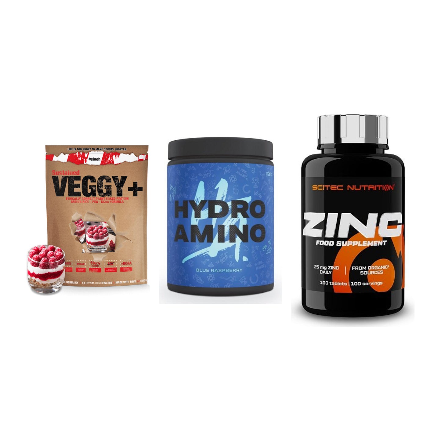 Pflanzliches Set: Sinob VEGGY + Nanosupps Hydro + Scitec Zinc – alle enthaltenen Artikel