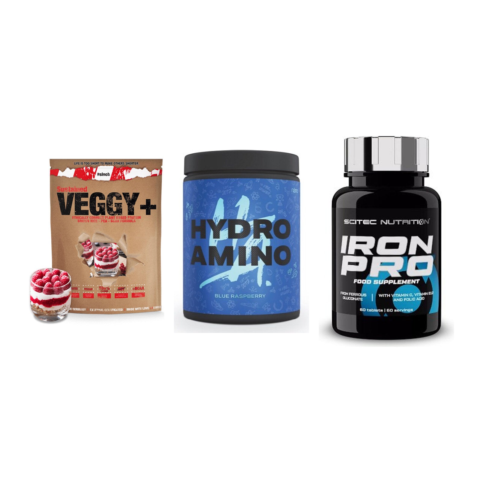 Pflanzliches Set: Sinob VEGGY + Nanosupps Hydro + Scitec Iron Pro – alle enthaltenen Artikel