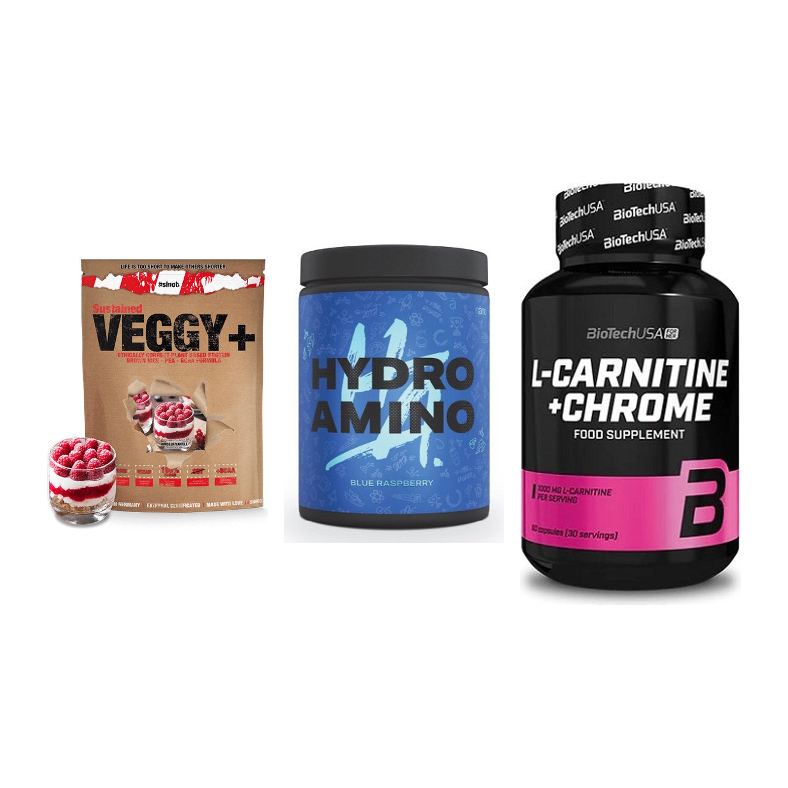 Pflanzliches Set: Sinob VEGGY + Nanosupps Hydro + BioTech L-Carni – alle enthaltenen Artikel