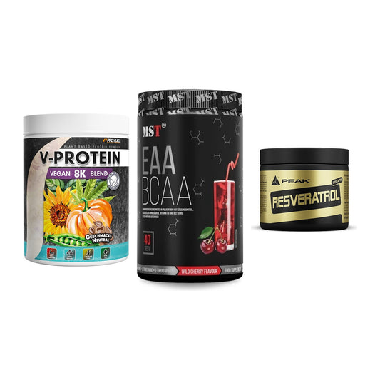 Pflanzliches Set: ProFuel V-Prote + MST EAA & BCAA + Peak Resveratro – alle enthaltenen Artikel