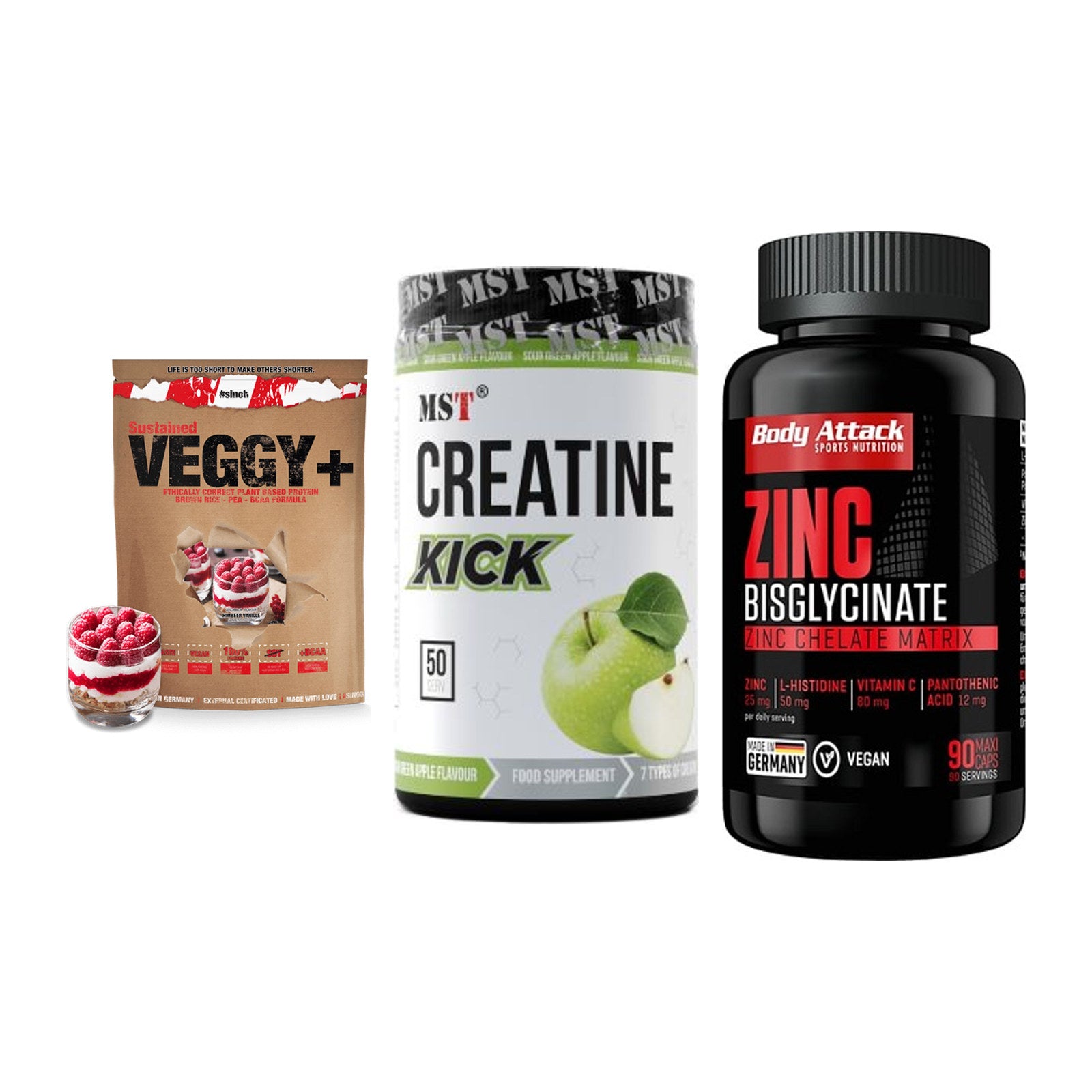 Pflanzliches Set: Sinob VEGGY + MST Creatine + Body Attack – alle enthaltenen Artikel