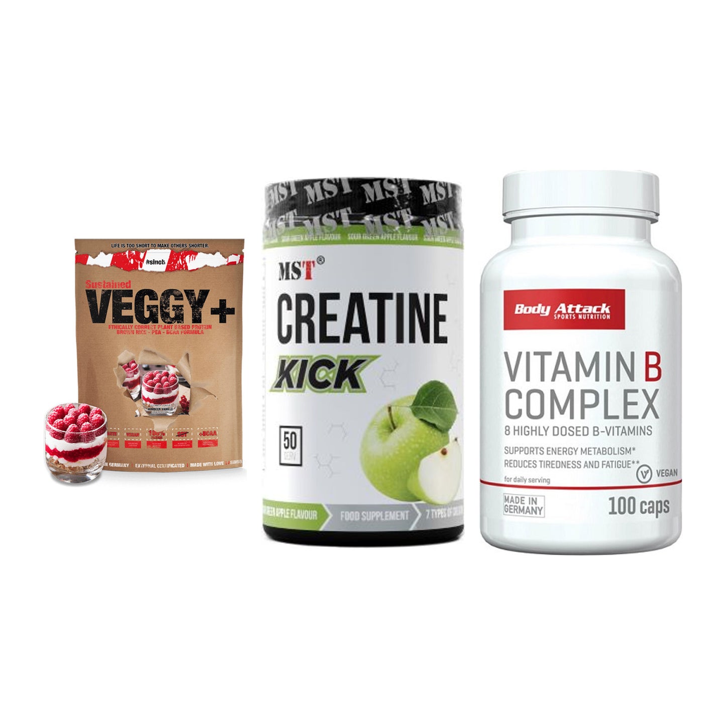 Pflanzliches Set: Sinob VEGGY + MST Creatine + Body Attack – alle enthaltenen Artikel