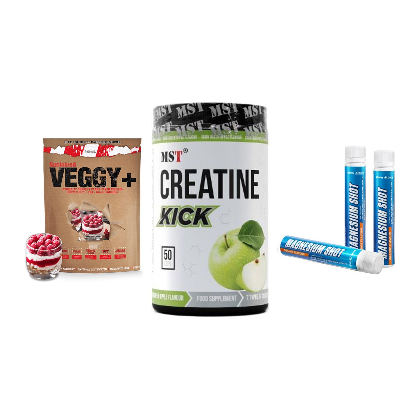 Pflanzliches Set: Sinob VEGGY + MST Creatine + Body Attack – alle enthaltenen Artikel
