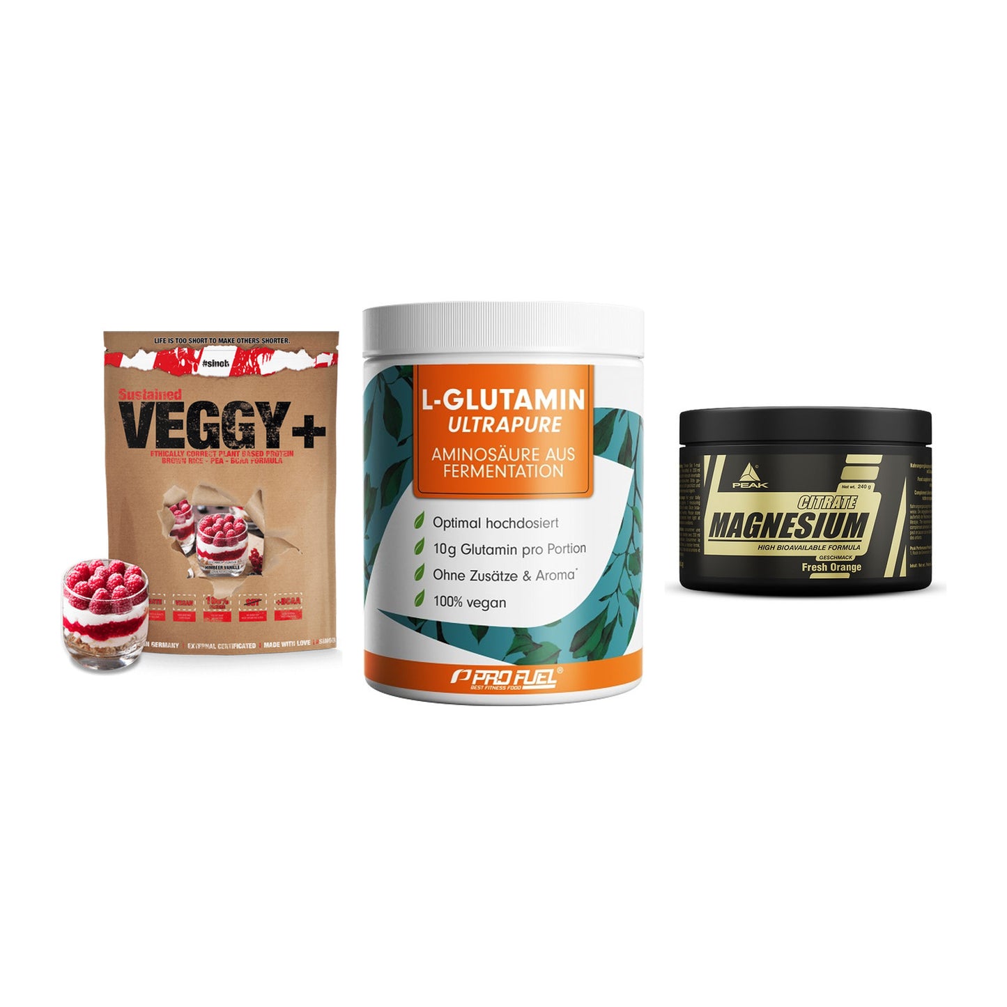 Pflanzliches Set: Sinob VEGGY + ProFuel Glutami + Peak Magnesium – alle enthaltenen Artikel
