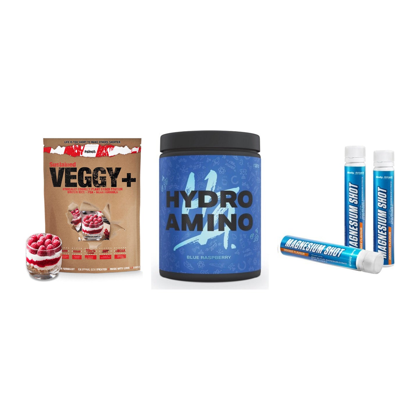 Pflanzliches Set: Sinob VEGGY + Nanosupps Hydro + Body Attack – alle enthaltenen Artikel