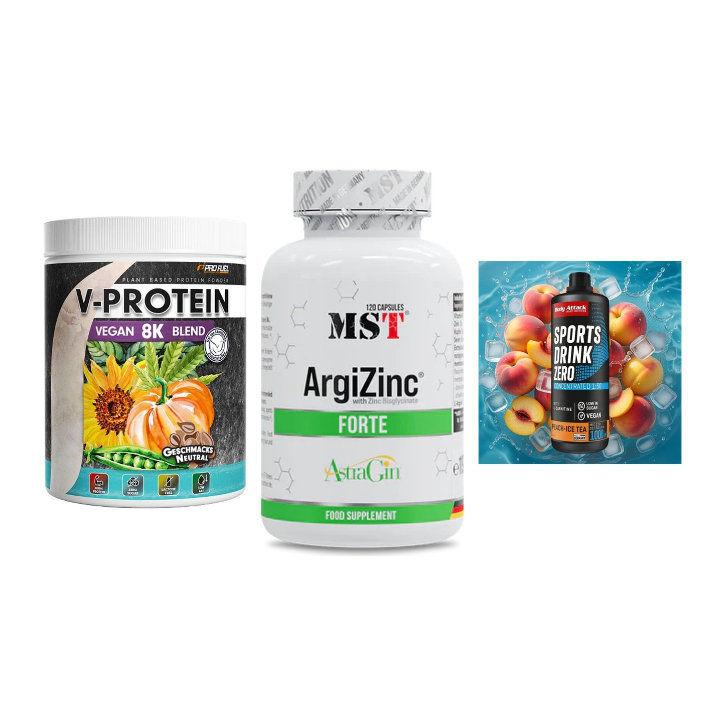 Pflanzliches Set: ProFuel V-Prote + MST ArgiZinc + Body Attack – alle enthaltenen Artikel