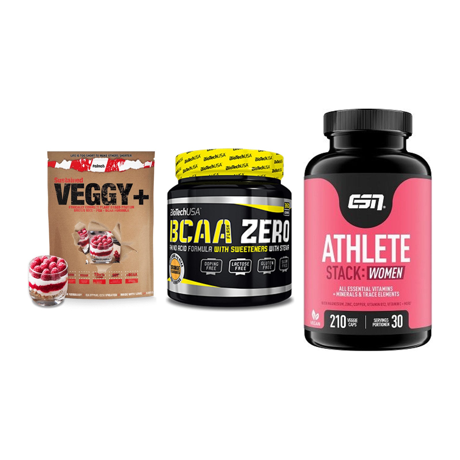 Pflanzliches Set: Sinob VEGGY + BioTech BCAA + ESN Athlete – alle enthaltenen Artikel