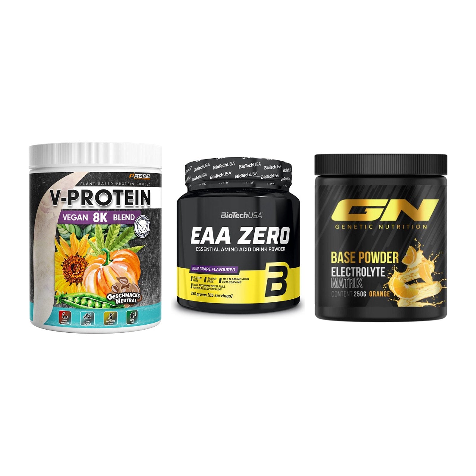 Pflanzliches Set: ProFuel V-Prote + BioTech EAA + GN Base Powder – alle enthaltenen Artikel
