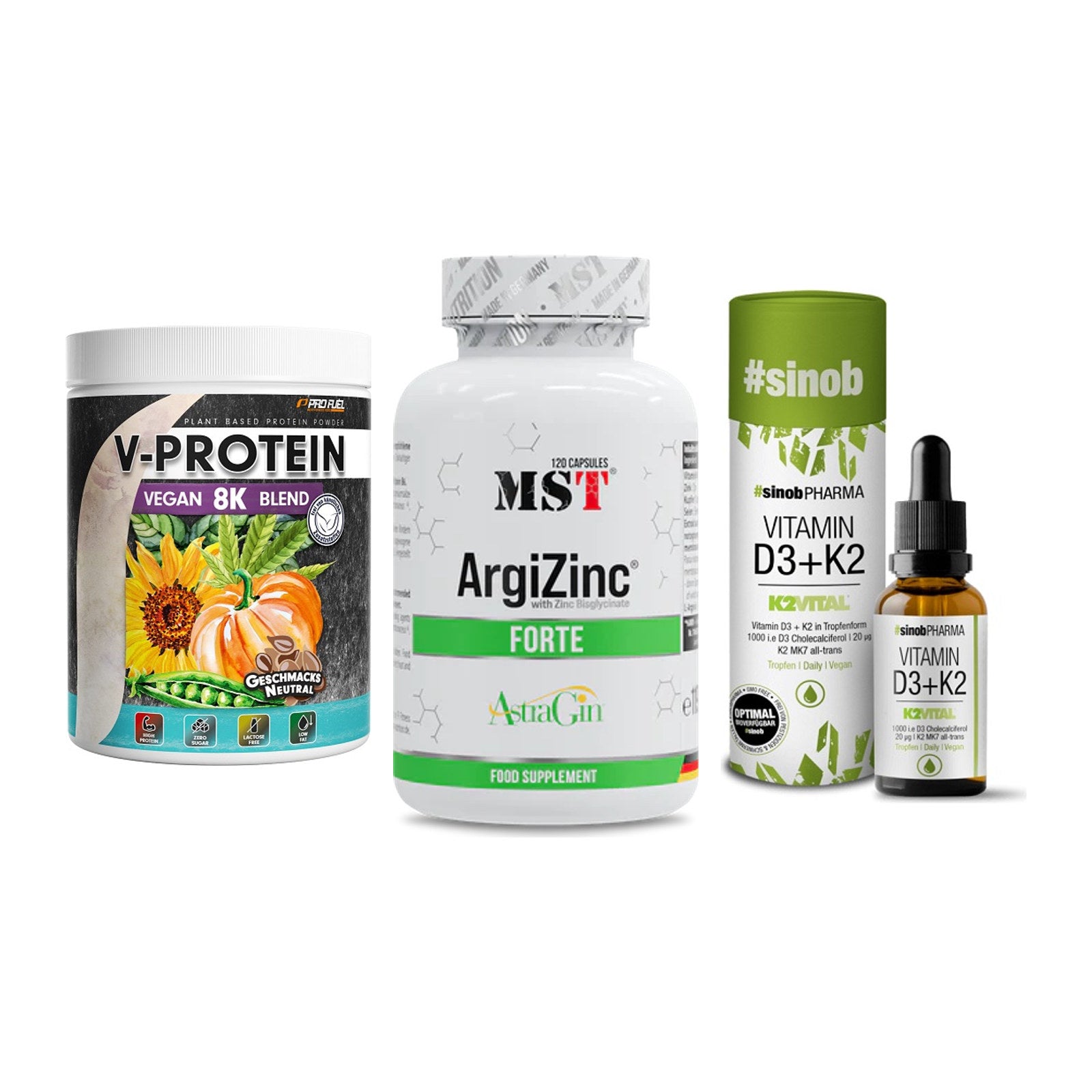 Pflanzliches Set: ProFuel V-Prote + MST ArgiZinc + Sinob Vitamin – alle enthaltenen Artikel