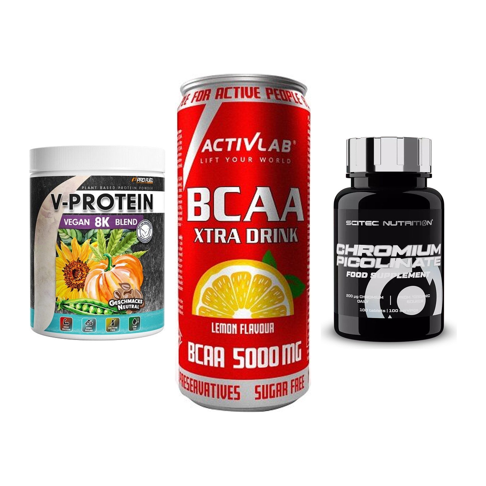 Pflanzliches Set: ProFuel V-Prote + Activlab BCAA + Scitec Chromium – alle enthaltenen Artikel