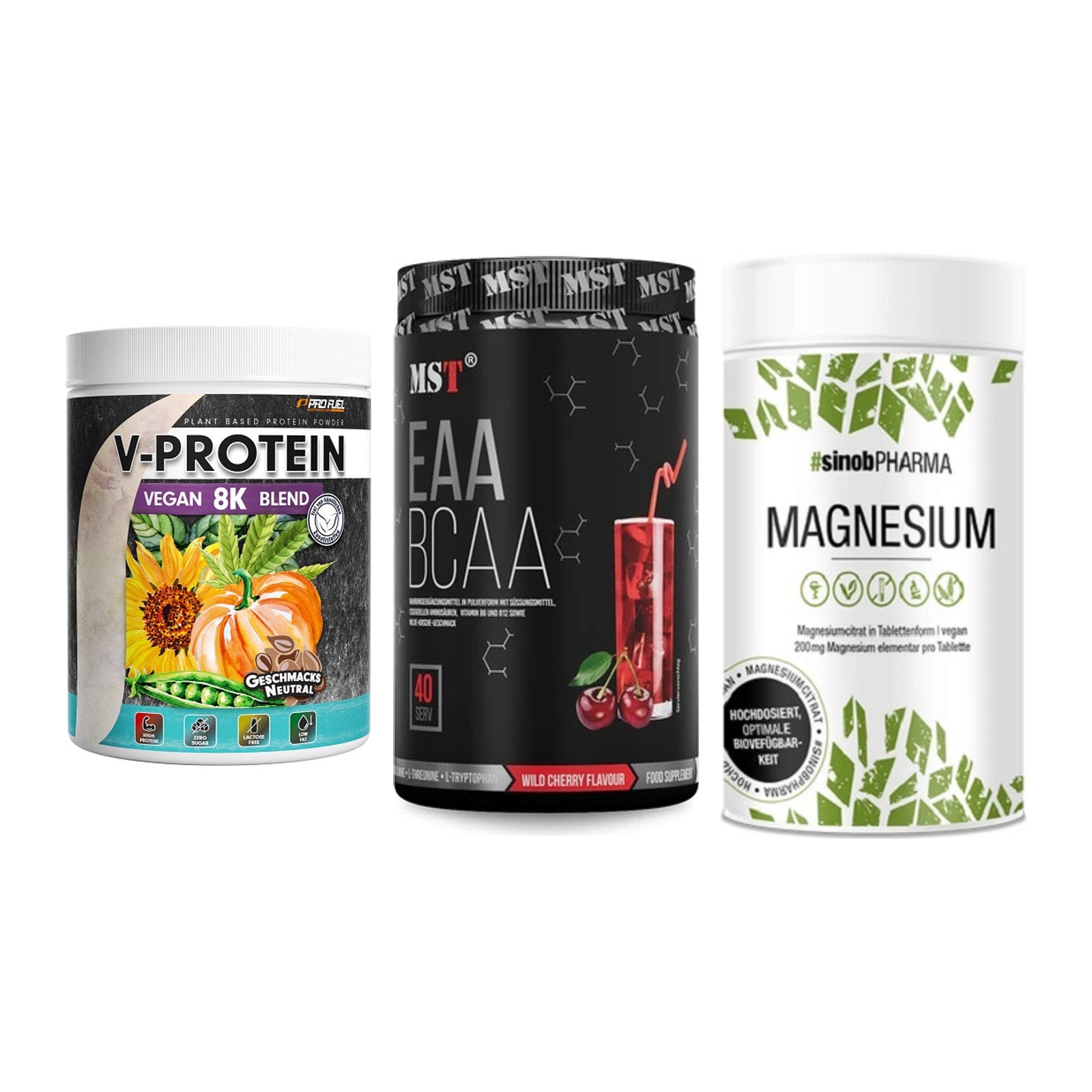 Pflanzliches Set: ProFuel V-Prote + MST EAA & BCAA + Sinob Magnesium – alle enthaltenen Artikel