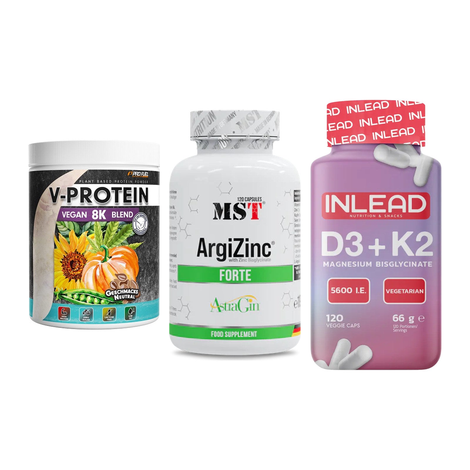 Pflanzliches Set: ProFuel V-Prote + MST ArgiZinc + INLEAD Vitamin – alle enthaltenen Artikel