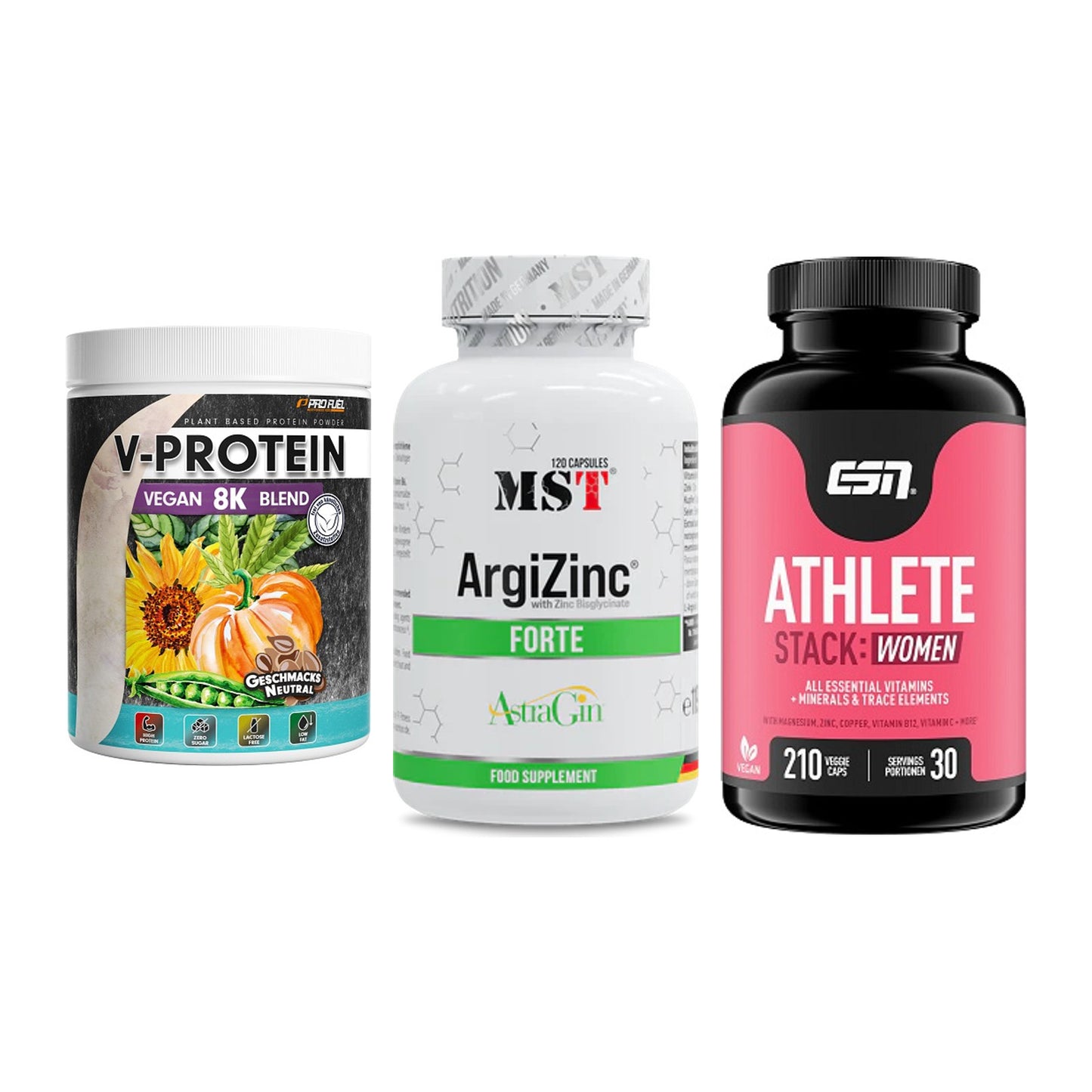 Pflanzliches Set: ProFuel V-Prote + MST ArgiZinc + ESN Athlete – alle enthaltenen Artikel