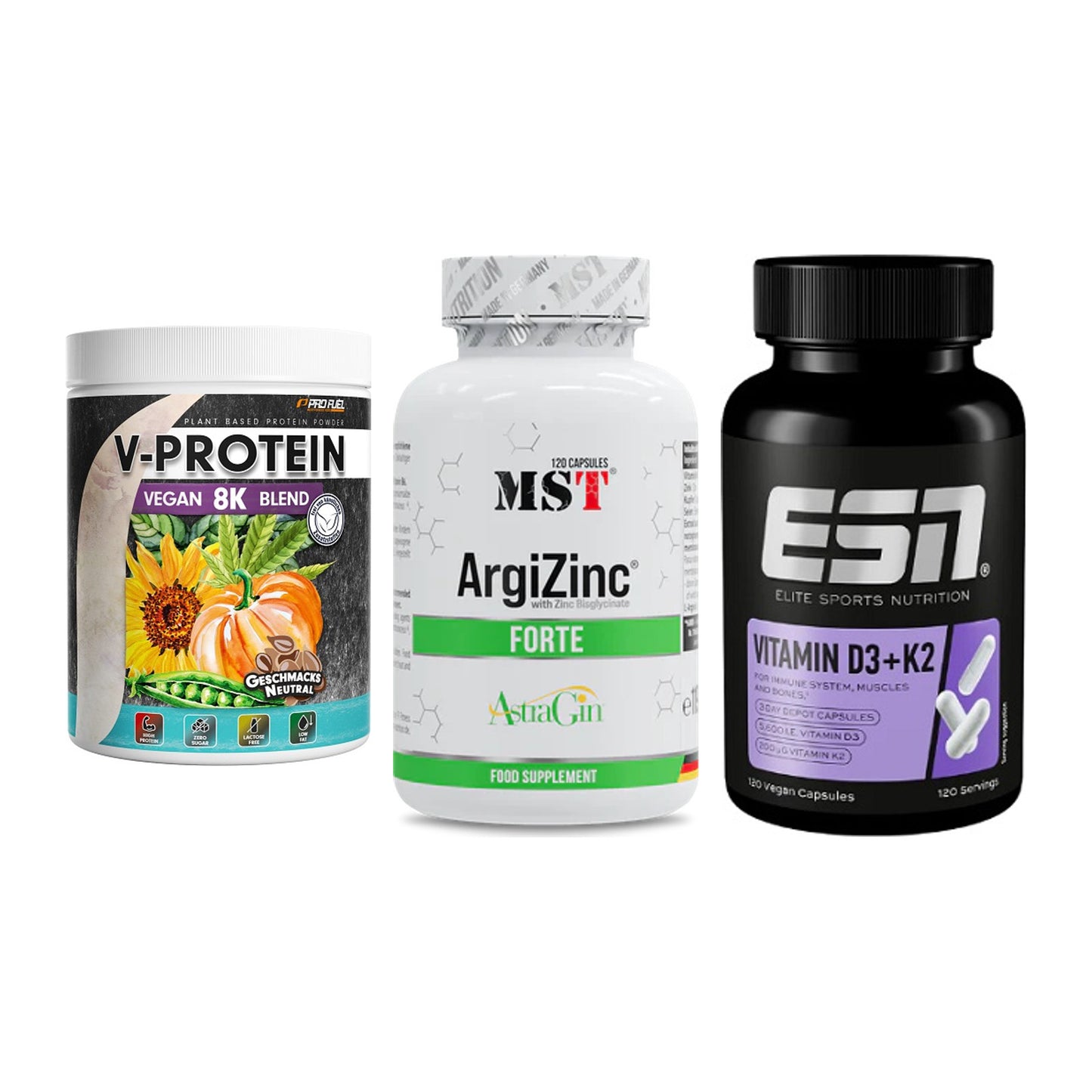 Pflanzliches Set: ProFuel V-Prote + MST ArgiZinc + ESN Vitamin D3 – alle enthaltenen Artikel