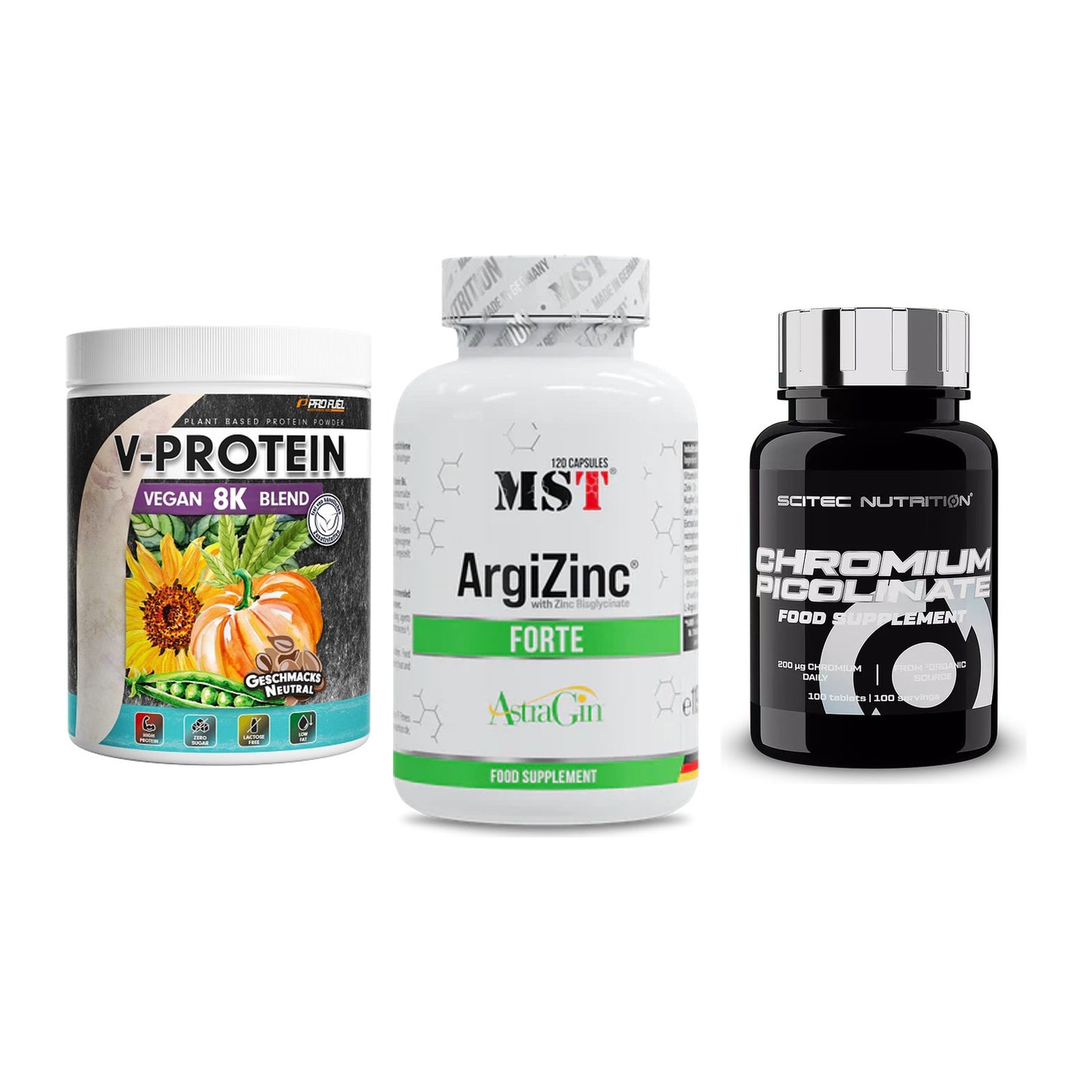 Pflanzliches Set: ProFuel V-Prote + MST ArgiZinc + Scitec Chromium – alle enthaltenen Artikel