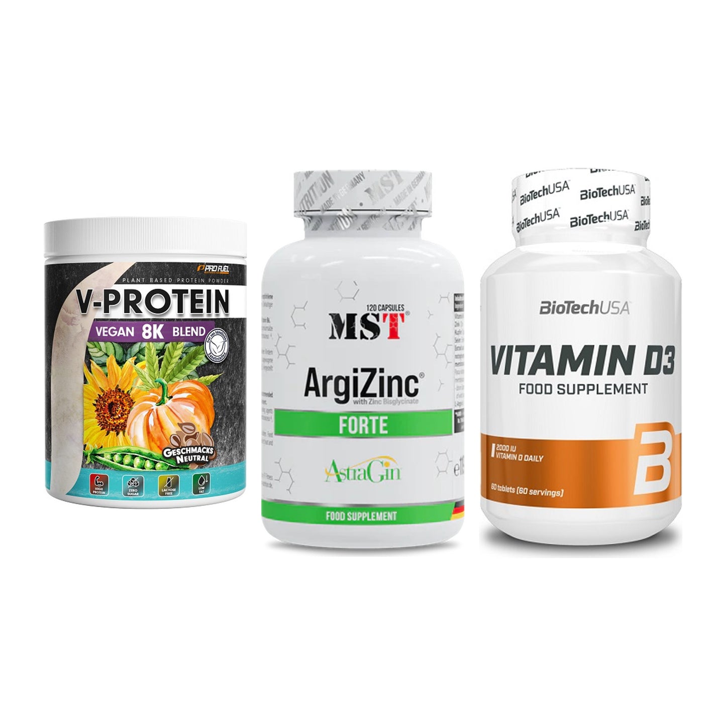 Pflanzliches Set: ProFuel V-Prote + MST ArgiZinc + BioTech Vitamin – alle enthaltenen Artikel