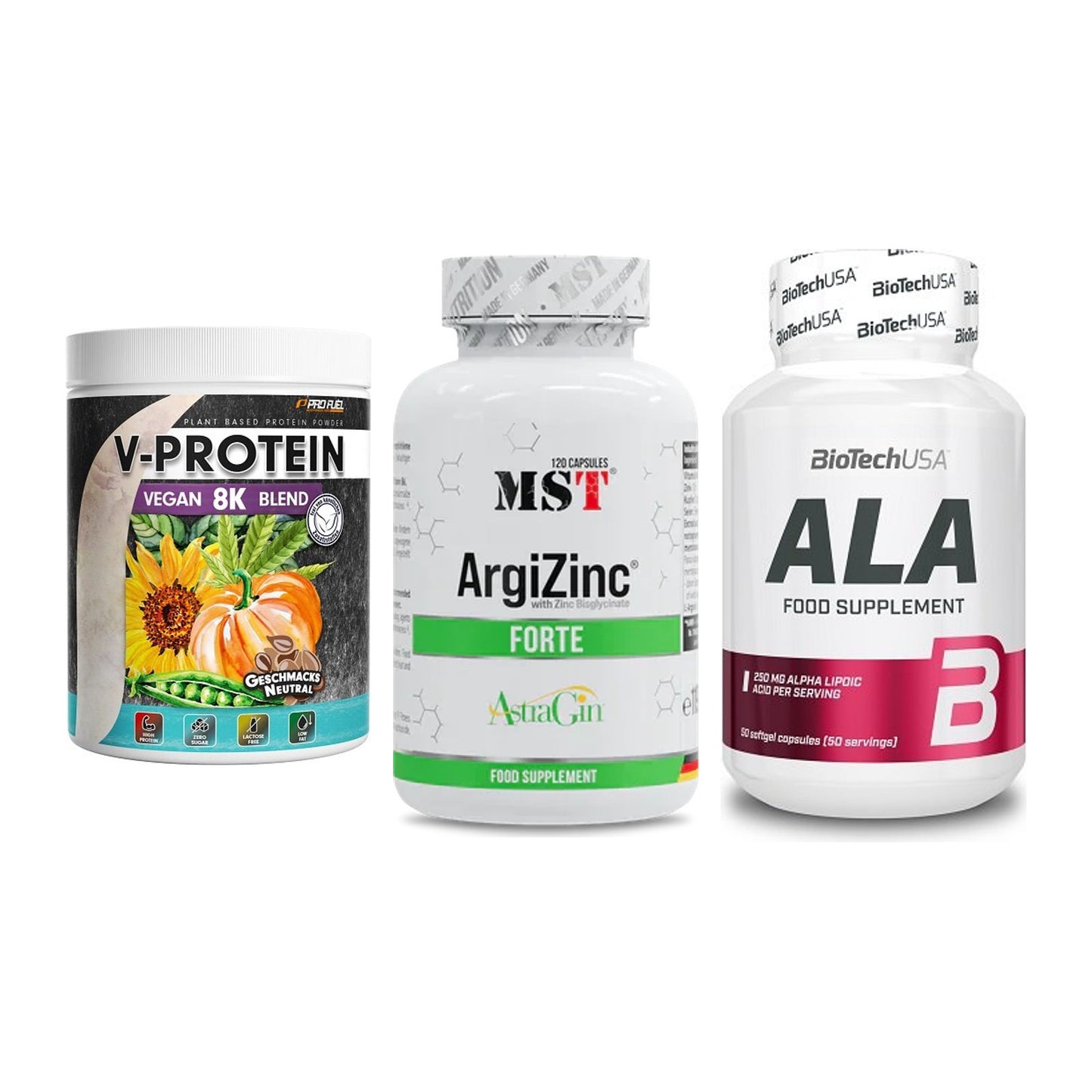 Pflanzliches Set: ProFuel V-Prote + MST ArgiZinc + BioTech ALA – alle enthaltenen Artikel