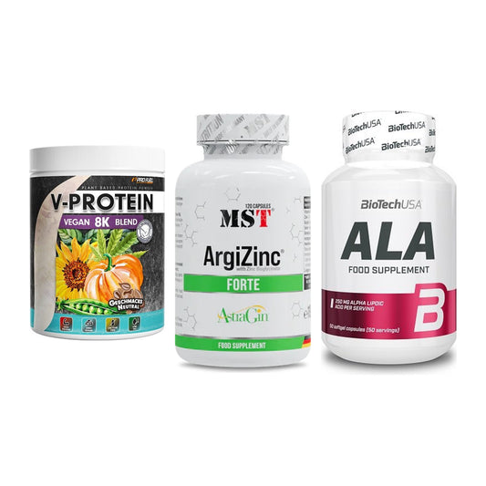 Pflanzliches Set: ProFuel V-Prote + MST ArgiZinc + BioTech ALA – alle enthaltenen Artikel
