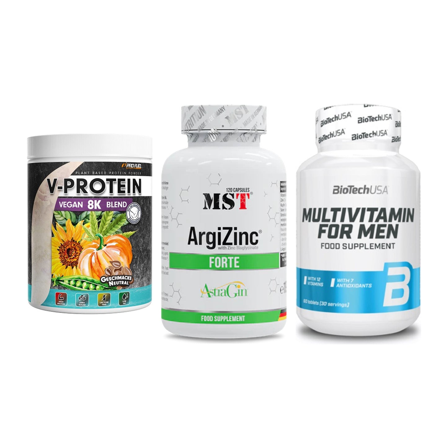 Pflanzliches Set: ProFuel V-Prote + MST ArgiZinc + BioTech Multivi – alle enthaltenen Artikel