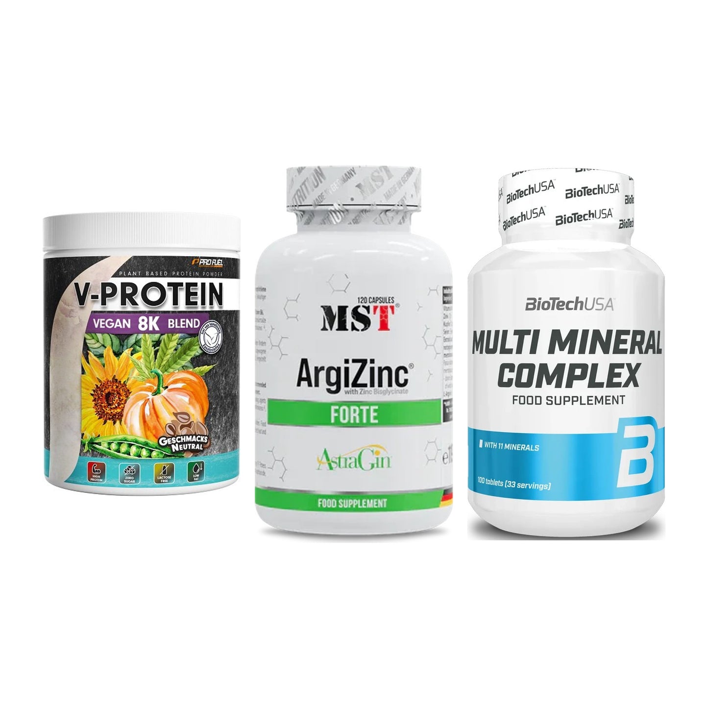 Pflanzliches Set: ProFuel V-Prote + MST ArgiZinc + BioTech Multi – alle enthaltenen Artikel