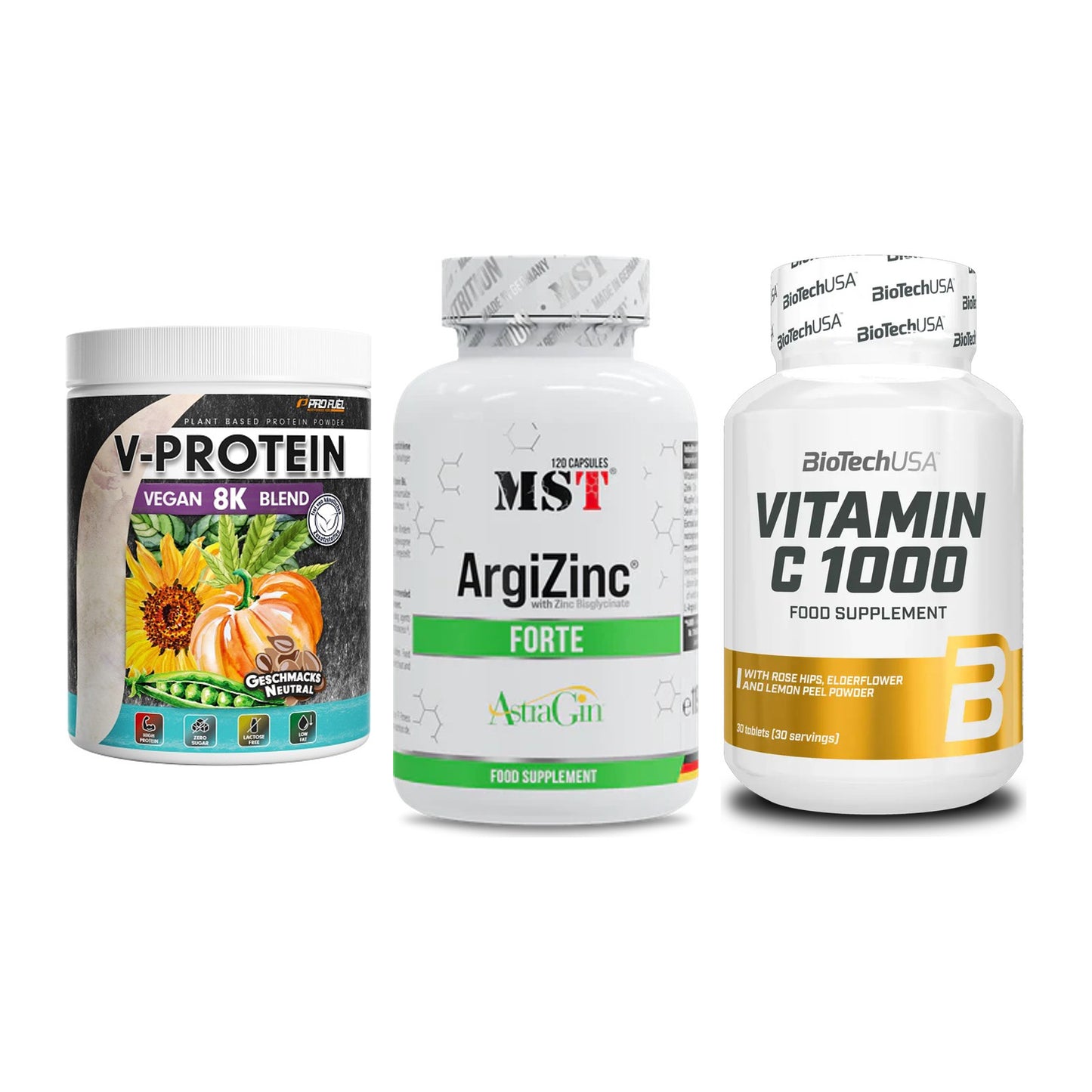 Pflanzliches Set: ProFuel V-Prote + MST ArgiZinc + BioTech Vitamin – alle enthaltenen Artikel