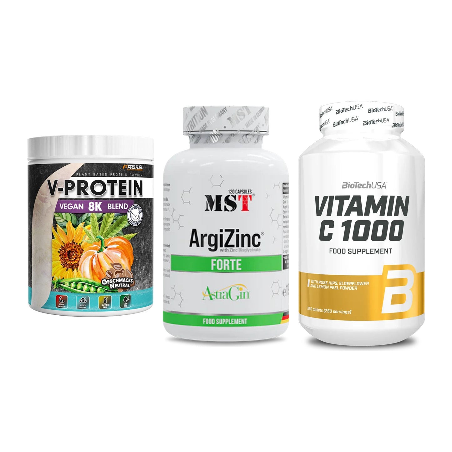Pflanzliches Set: ProFuel V-Prote + MST ArgiZinc + BioTech Vitamin – alle enthaltenen Artikel