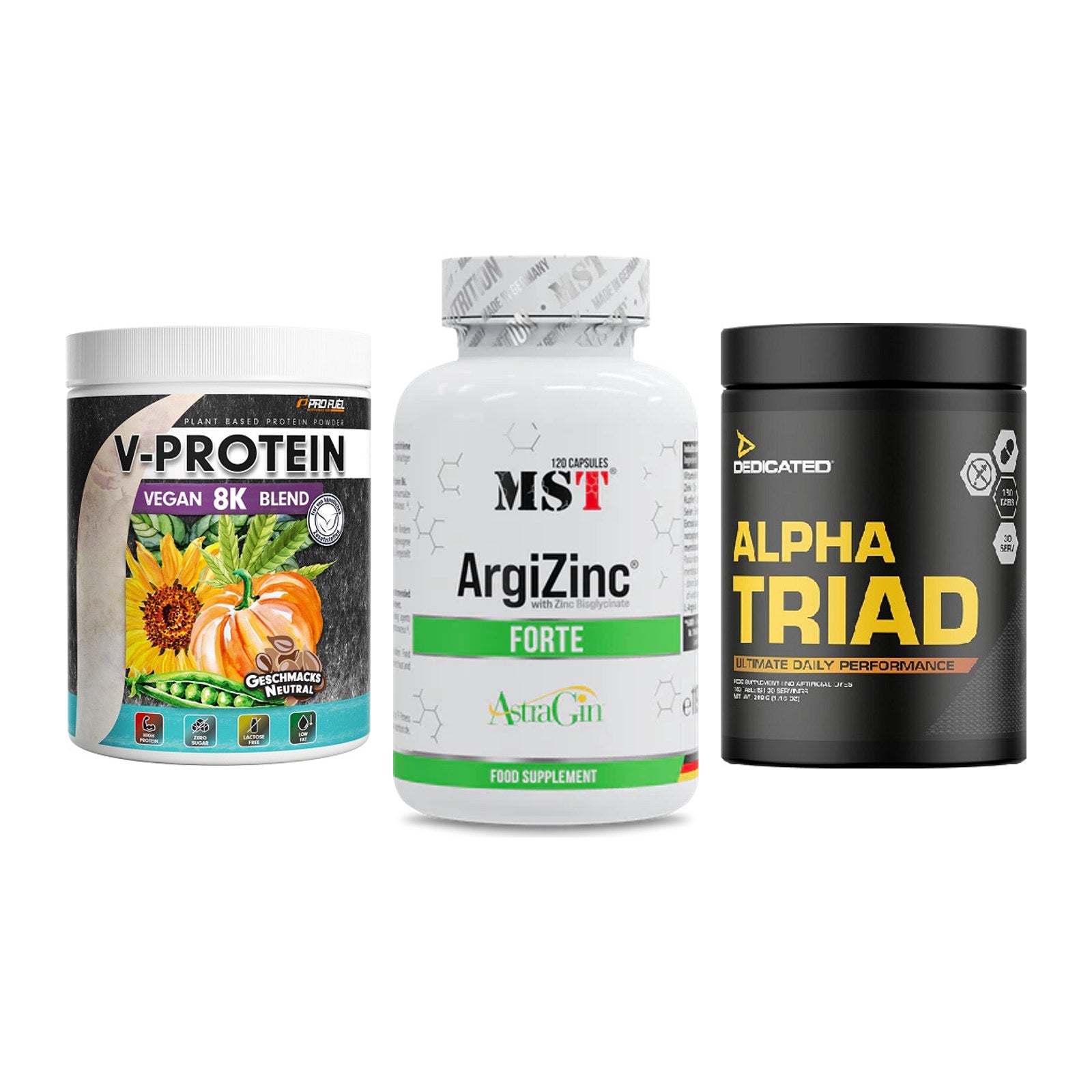 Pflanzliches Set: ProFuel V-Prote + MST ArgiZinc + Dedicated Alpha – alle enthaltenen Artikel