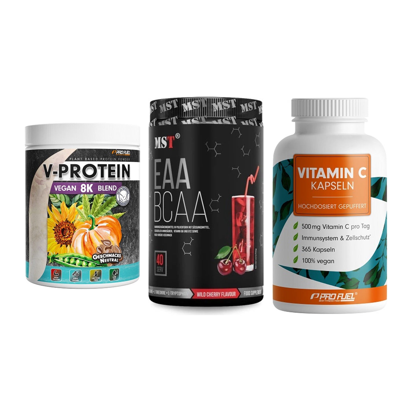 Pflanzliches Set: ProFuel V-Prote + MST EAA & BCAA + ProFuel Vitamin – alle enthaltenen Artikel