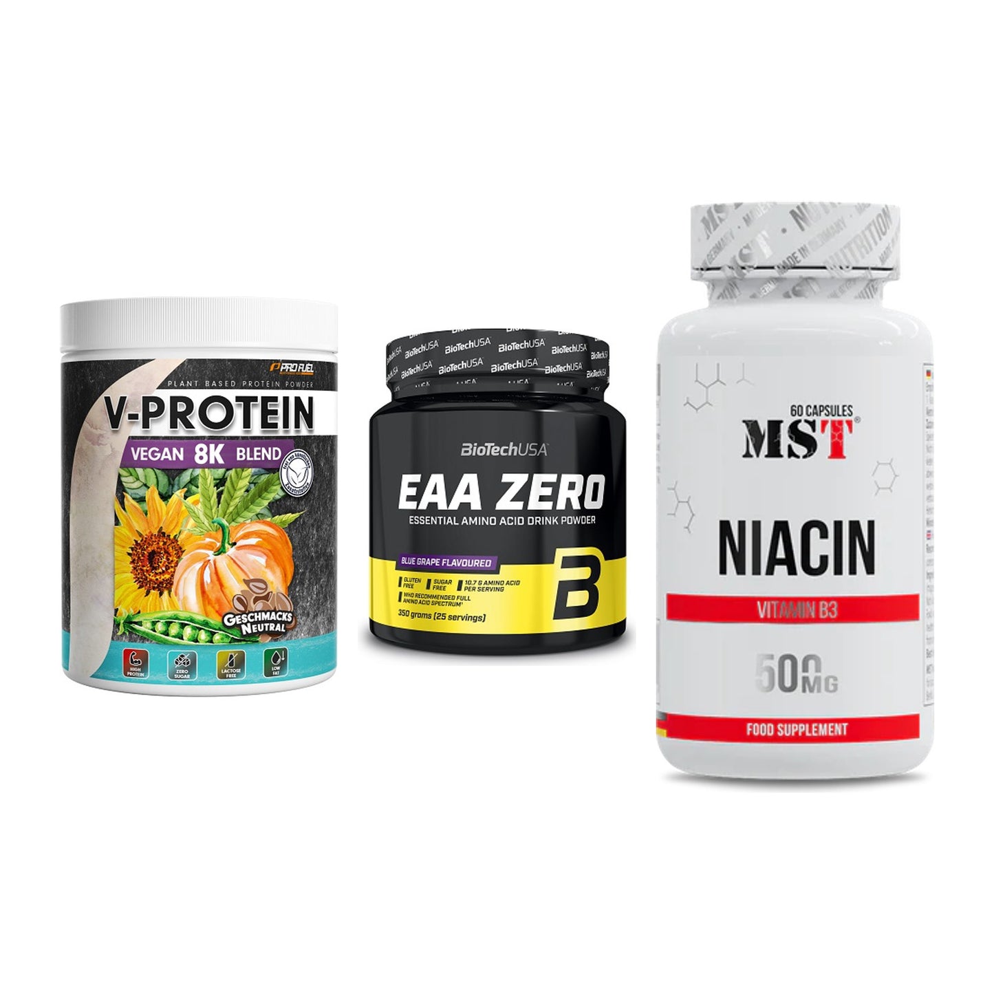Pflanzliches Set: ProFuel V-Prote + BioTech EAA + MST Niacin – alle enthaltenen Artikel